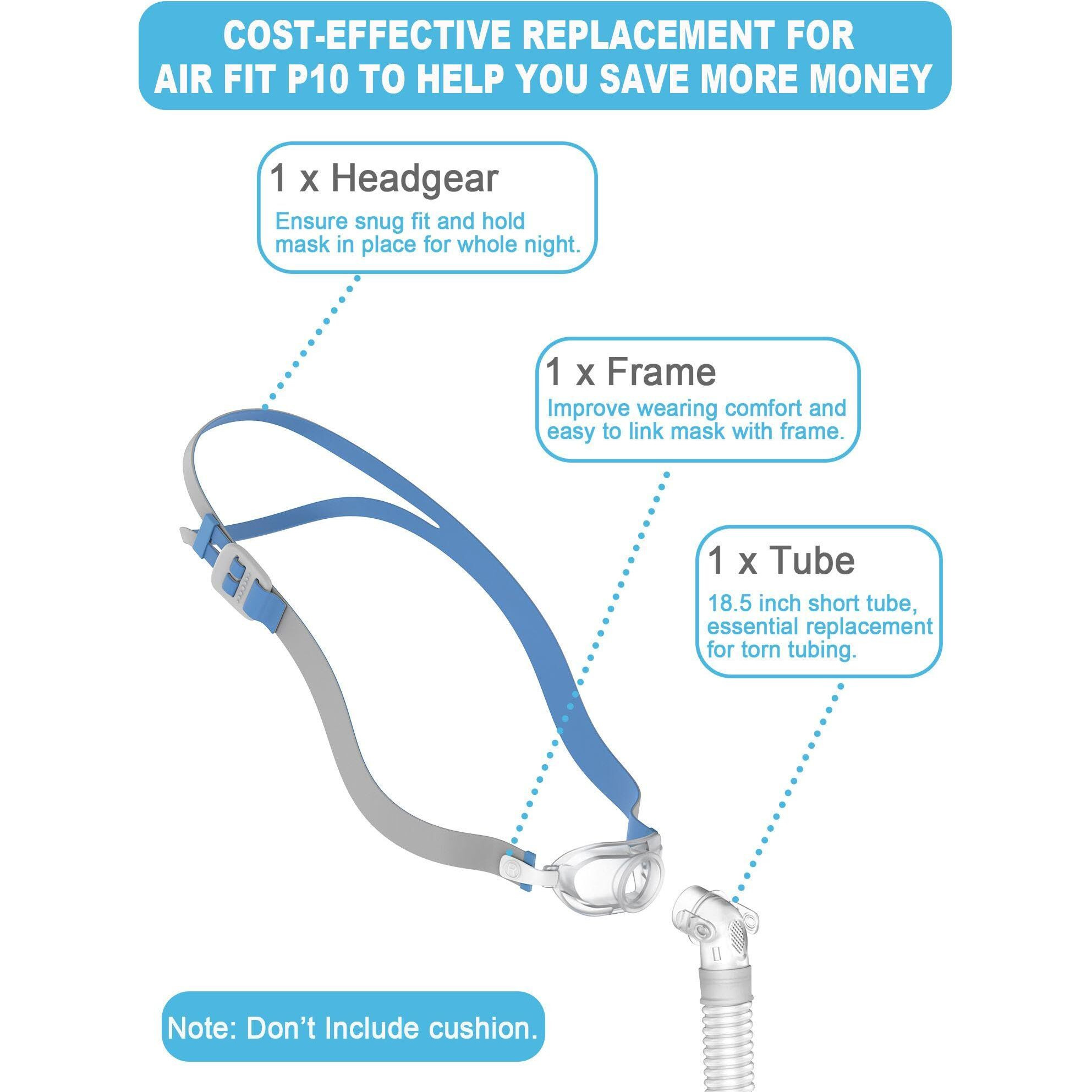 Replacement Set For P10 Series, Includes Headgear, Frame, Tube, Clips In One Pack, Snug Fit & Durable Replacement