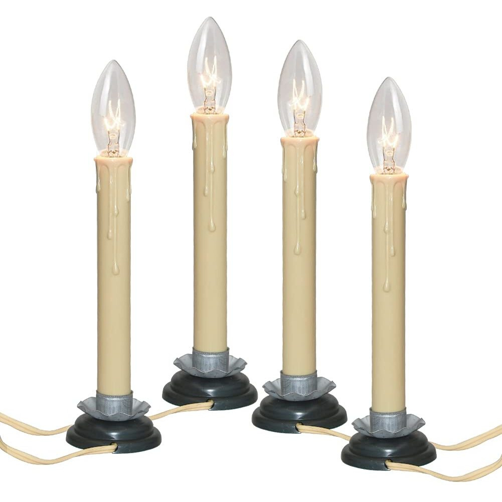 7 Inch Electric Window Candles, Plug In Christmas Window Candle Lamp With Black Plum Iron Base And 7W Bulb, Electric Window Candle Lights With On/Off Switch For Home Table Holiday Xmas Decor- 4 Pack