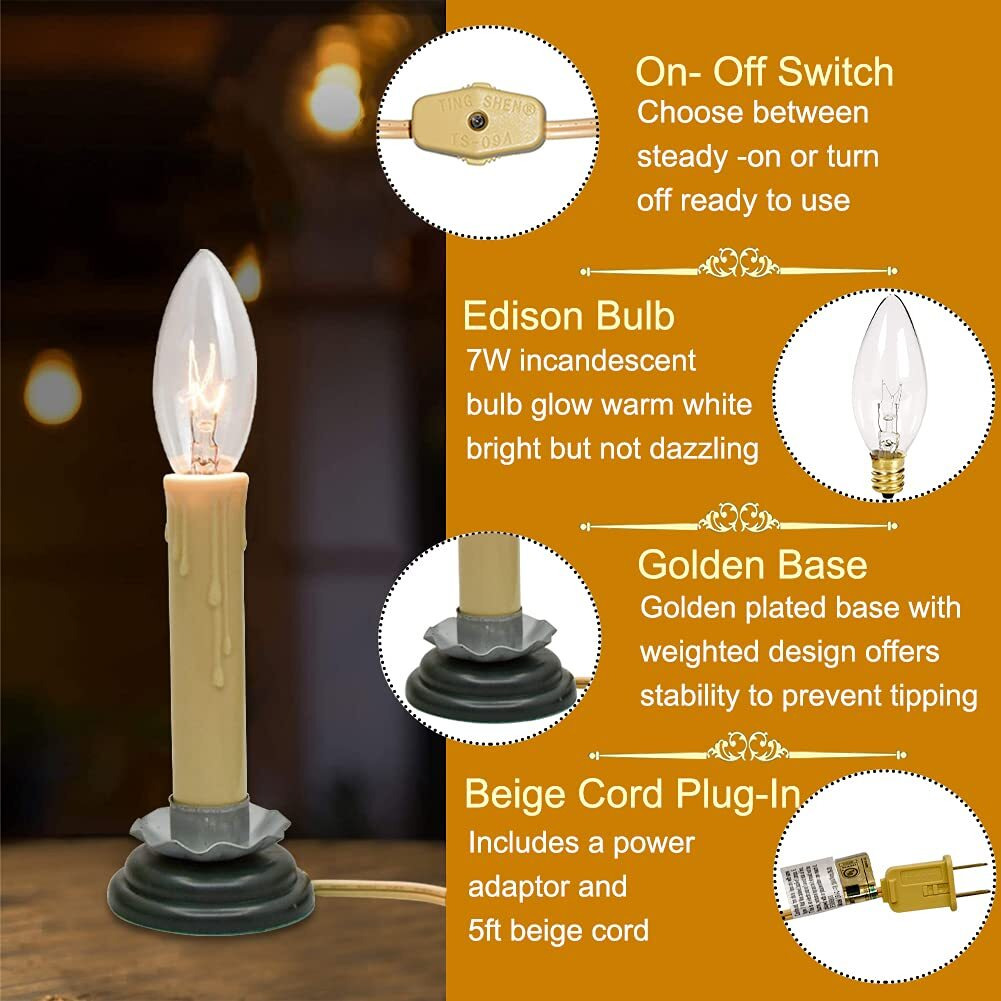 7 Inch Electric Window Candles, Plug In Christmas Window Candle Lamp With Black Plum Iron Base And 7W Bulb, Electric Window Candle Lights With On/Off Switch For Home Table Holiday Xmas Decor- 4 Pack