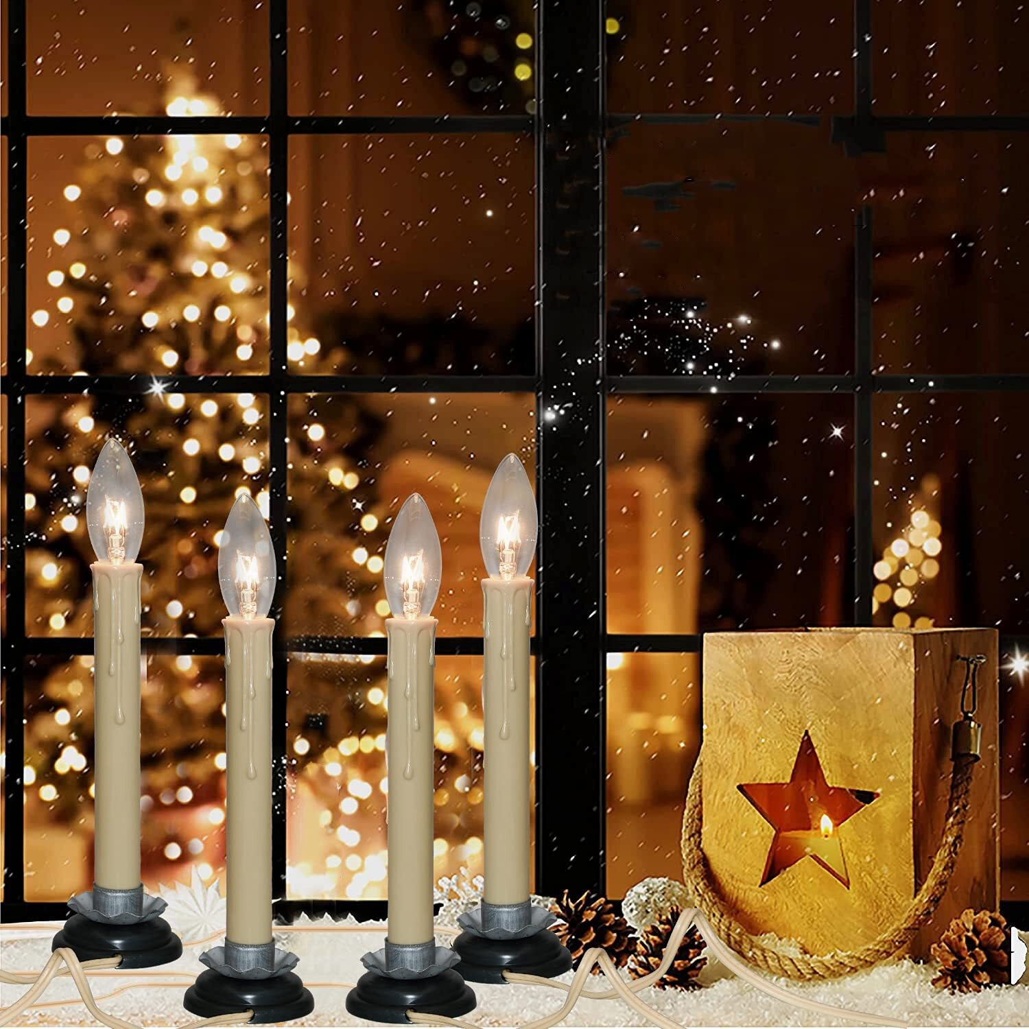 7 Inch Electric Window Candles, Plug In Christmas Window Candle Lamp With Black Plum Iron Base And 7W Bulb, Electric Window Candle Lights With On/Off Switch For Home Table Holiday Xmas Decor- 4 Pack