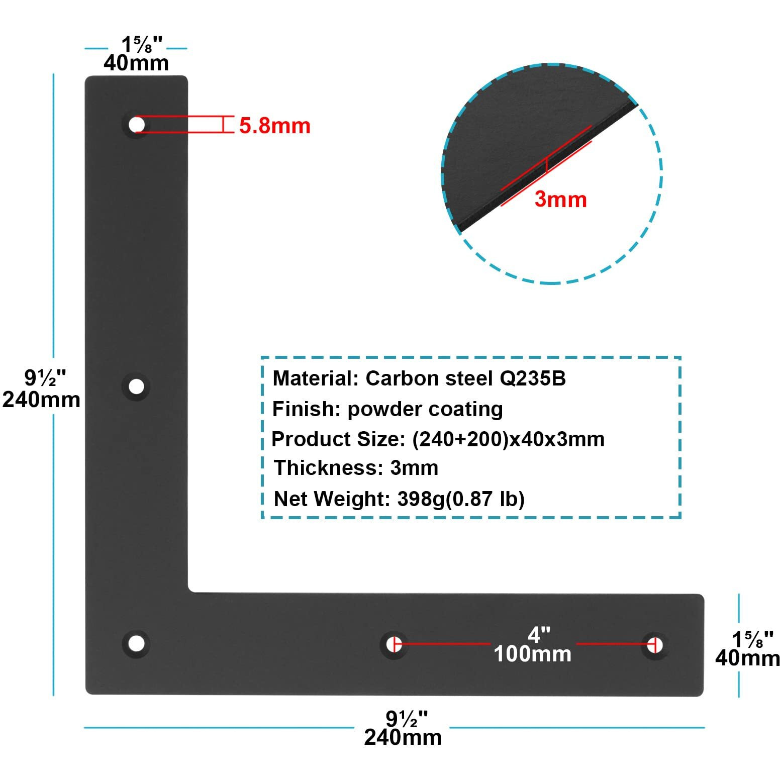 6 Pcs Black Flat L Bracket, 9 Inch Heavy Duty Steel Mending Plate Flat Corner Braces Repair Joint Right Angle Plate For Wood House Furniture Timber Thickness 3 Mm, Size 9 X 9 X 1 Inches
