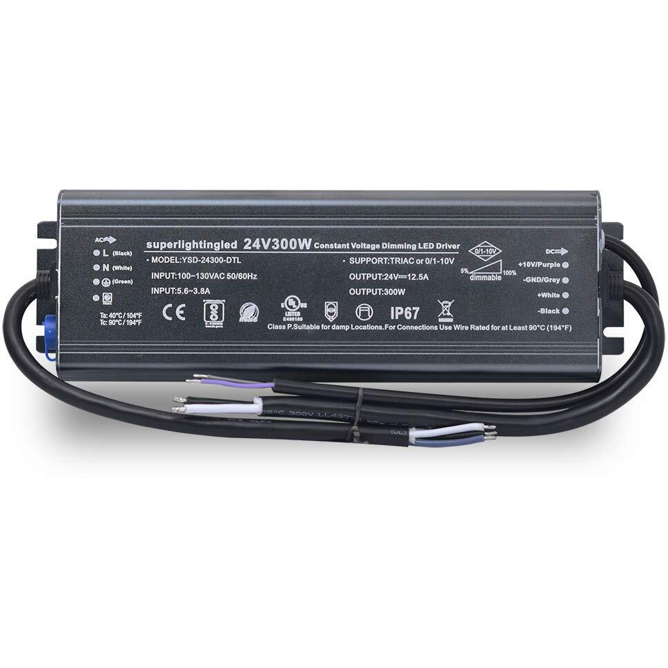 Dc24V 300W Ul-Listed 0/1-10V & Triac Dimmable Led Transformer Drive Waterproof Ip67 Outdoor Power Supply For 24V Dmx Led Wash Wall Lights(24V 300W 0-10V+Triac)