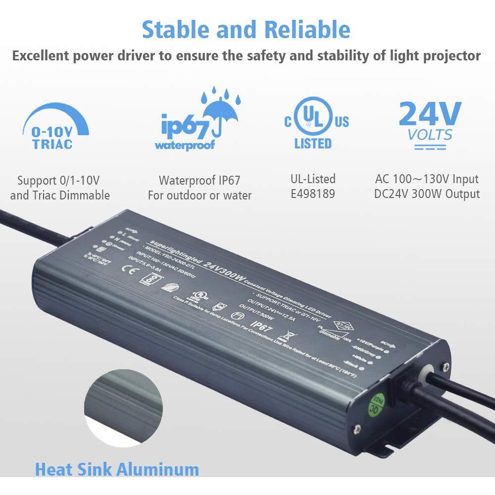 Dc24V 300W Ul-Listed 0/1-10V & Triac Dimmable Led Transformer Drive Waterproof Ip67 Outdoor Power Supply For 24V Dmx Led Wash Wall Lights(24V 300W 0-10V+Triac)