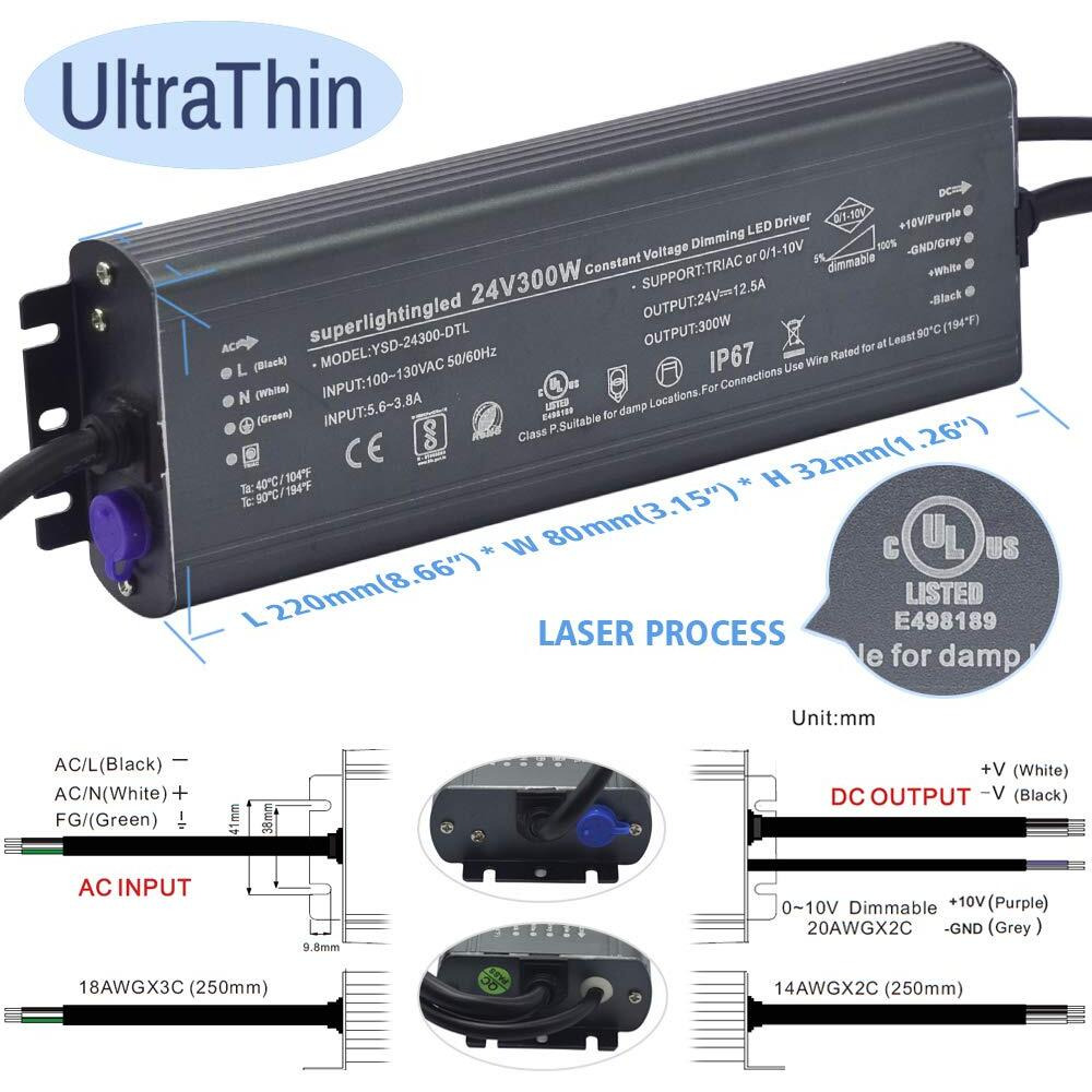 Dc24V 300W Ul-Listed 0/1-10V & Triac Dimmable Led Transformer Drive Waterproof Ip67 Outdoor Power Supply For 24V Dmx Led Wash Wall Lights(24V 300W 0-10V+Triac)