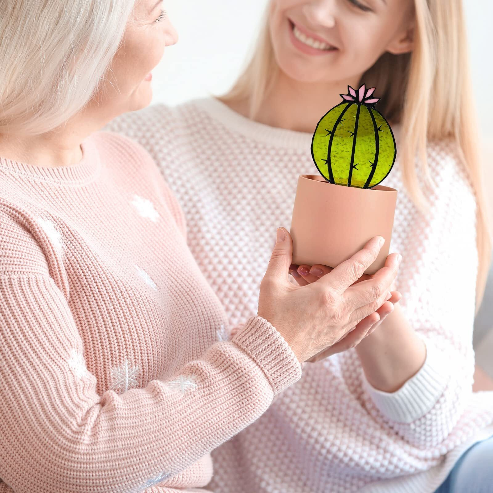 Tuitessine Succulent Plant Stained Glass Cactus Glass Decor (No Pot), Cacti Suncatcher Desk Windowsill Shelf Christmas Decor Plant Lover Gifts For Mom, Grandma, Teacher