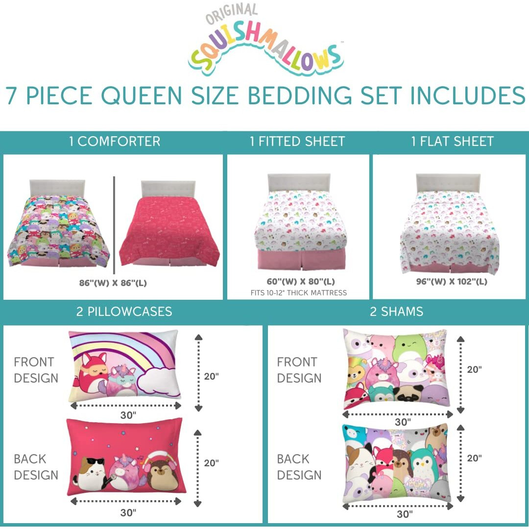 Franco Squishmallows Bedding Super Soft Comforter And Sheet Set With Sham, 7 Piece Queen Size