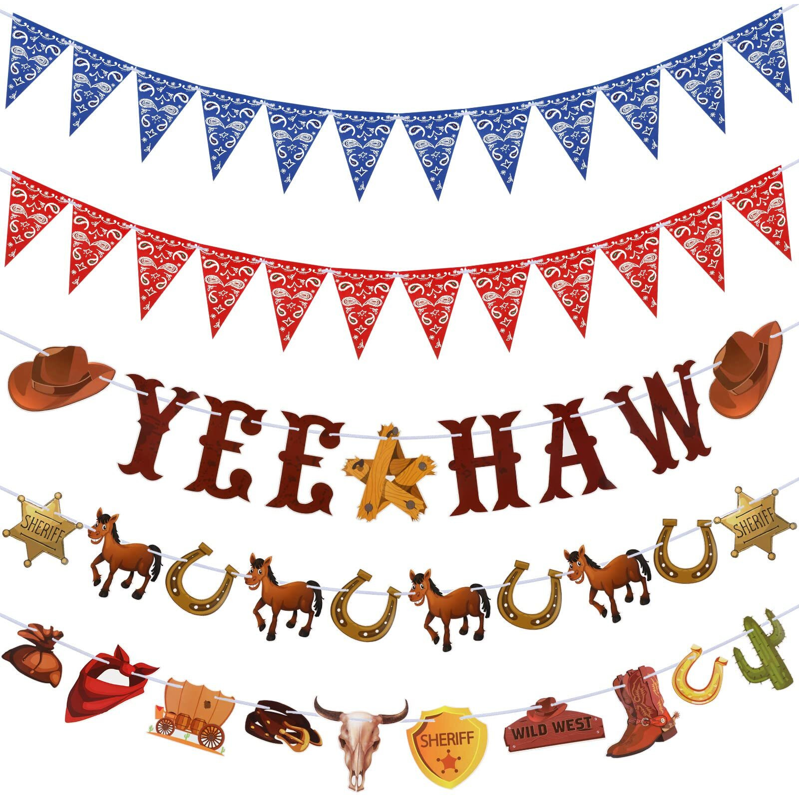 5 Pcs Western Cowboy Party Decorations Bandana Pennant Banner Wild West Banner Cowboy Banner Hanging Western Yee Haw Banner Western Decorations For Cowboy Birthday Party Supplies (Classic Style)