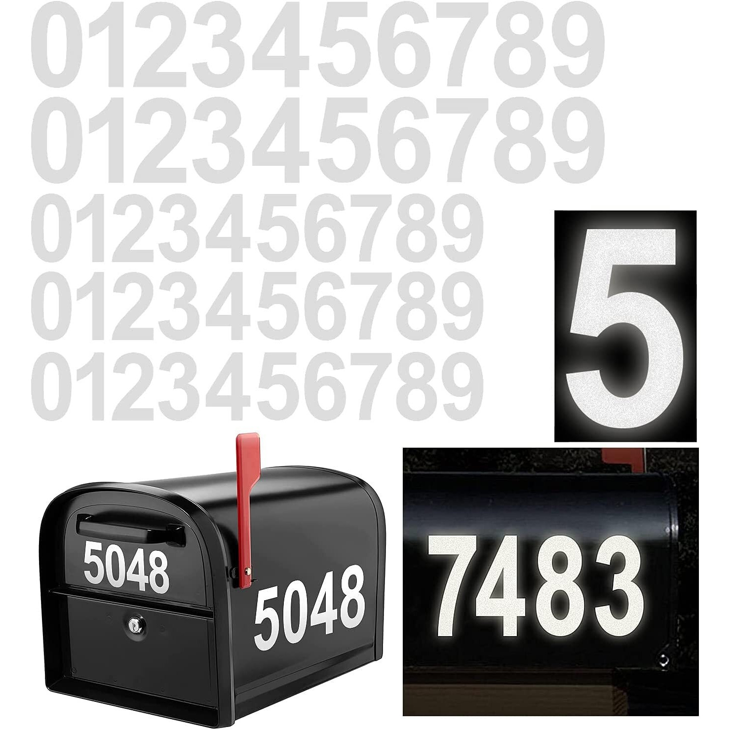 Reflective Mailbox Numbers Sticker Decal Die Cut Classic Style Vinyl Waterproof Number Self Adhesive 5 Sets (3" X 3 Set, 4" X 2 Set) For Signs, Door, Cars, Trucks, Home, Business, Address Number