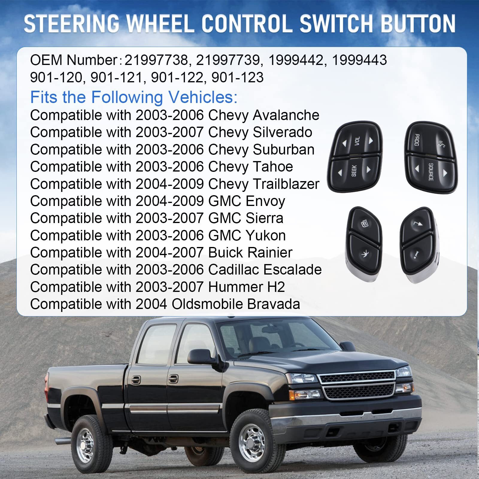 Dicmic Steering Wheel Control Switch Button For 2003-2007 Chevy Silverado Avalanche Suburban Tahoe Gmc Sierra Yukon Cadillac Escalade Replace 21997738, 21997739, 1999442, 1999443