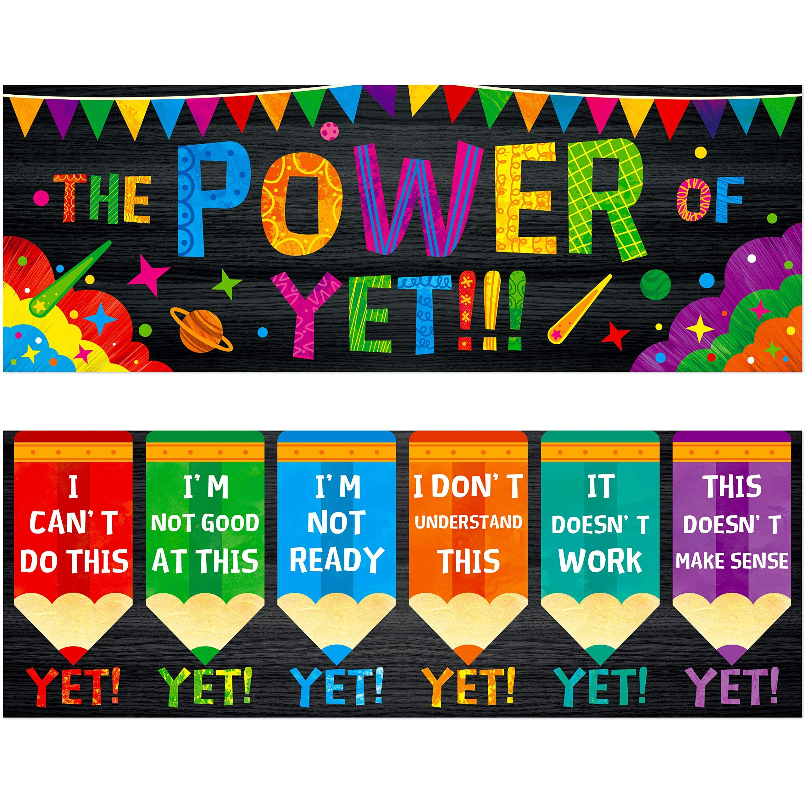 Classroom Banner Poster, 2 Pcs Encouragement Bulletin Board Decoration Colorful Inspirational Wall Decor For School & Classroom Preschool Primary Middle High School- Power Of Yet (Poster Tube Package)