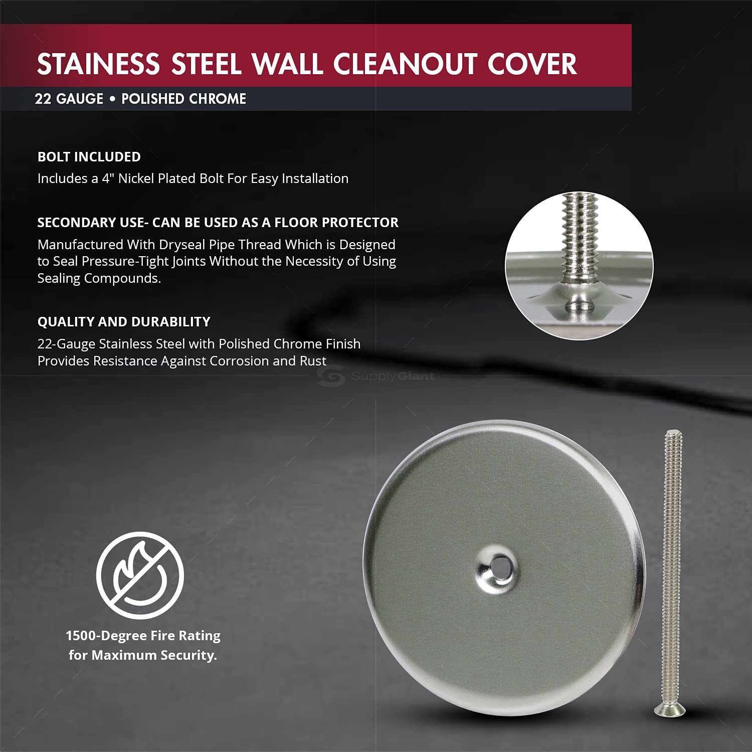 Supply Giant Wall Cleanout Cover Plate, 4-Inch, Stainless Steel