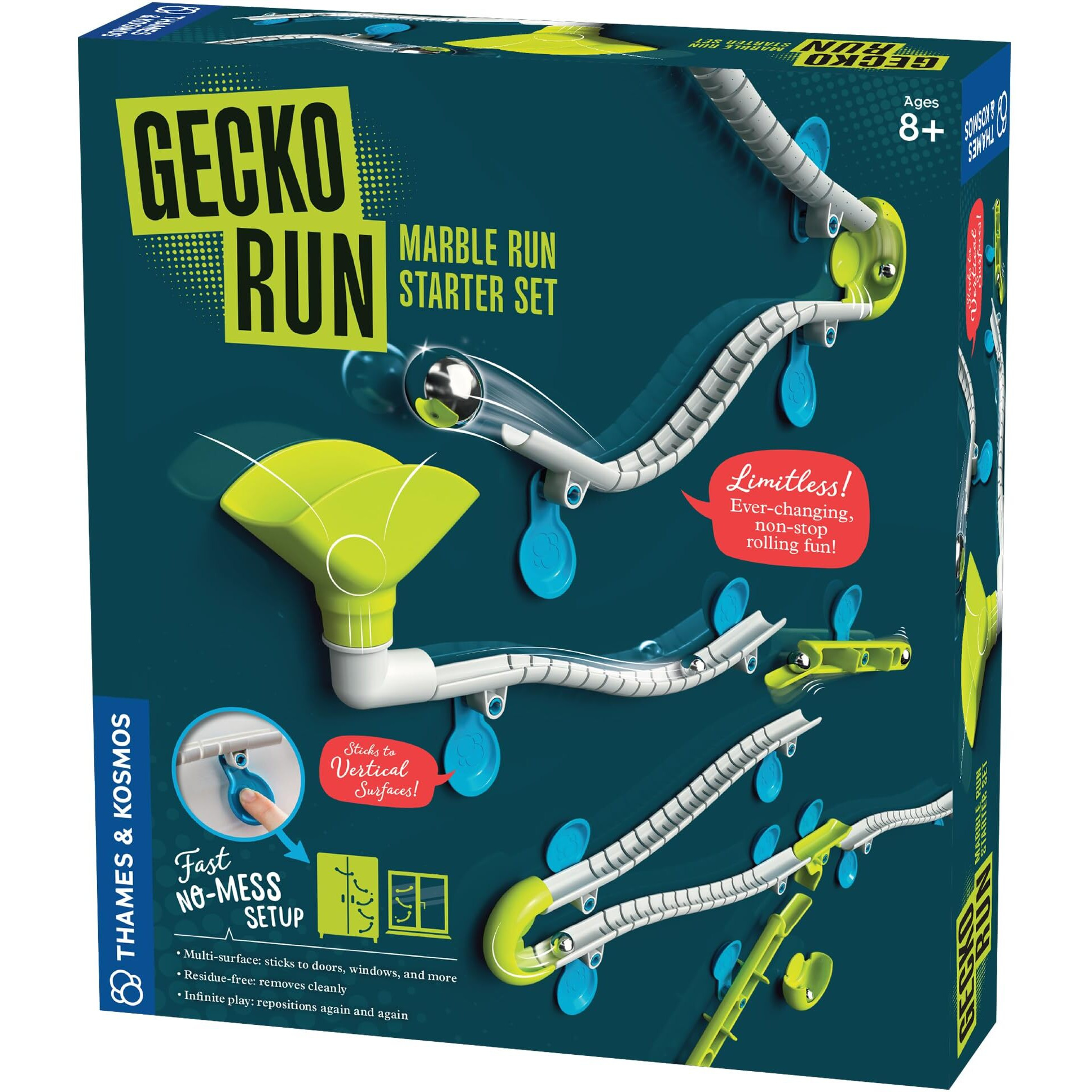 Gecko Run Marble Run Starter Set By Thames & Kosmos - 63 Piece Vertical Marble Run Toy With Flexible Tracks | Fast, No-Mess Setup With Residue-Free Nano-Adhesive Pads For Hours Of Creative Play
