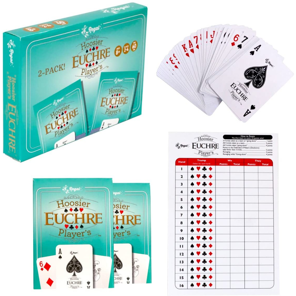 Regal Games - Euchre Card Game Set - Pre-Stripped To 44 Cards For Classic Euchre - Fun, Family-Friendly Group Card Game - Ideal For 2-4 Players Ages 8+ - Includes Score Pad - 2 Pack