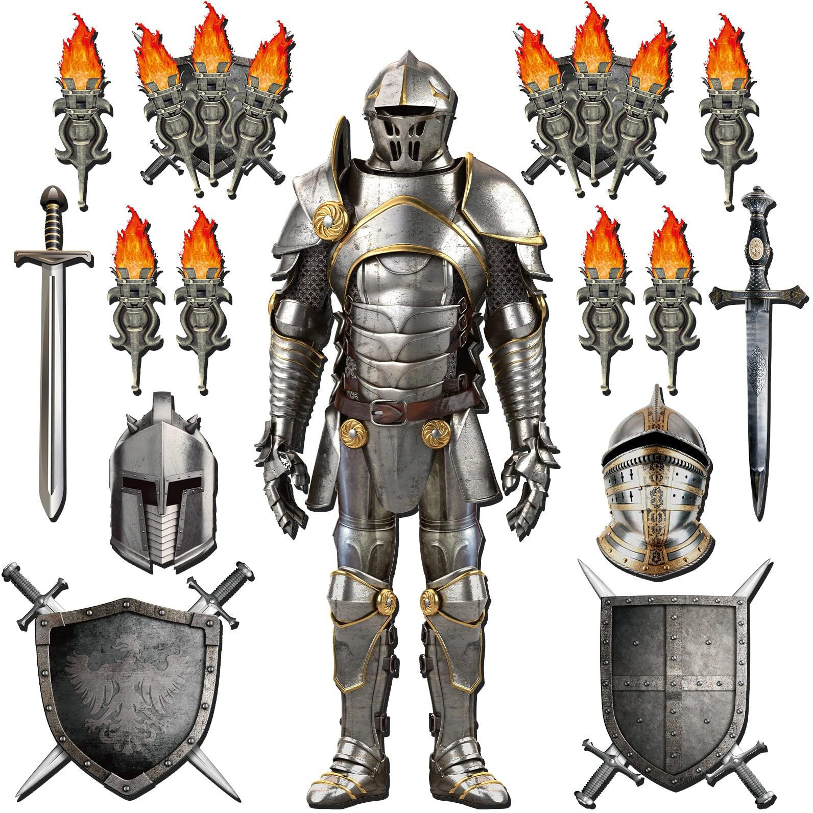 15 Pieces Medieval Party Decorations 6 Feet Jointed Suit Of Armor Knight Cut Out Torch Props Medieval Shield Photo Prop For Birthday Halloween Medieval Renaissance Knight Castle Party Wall Decoration