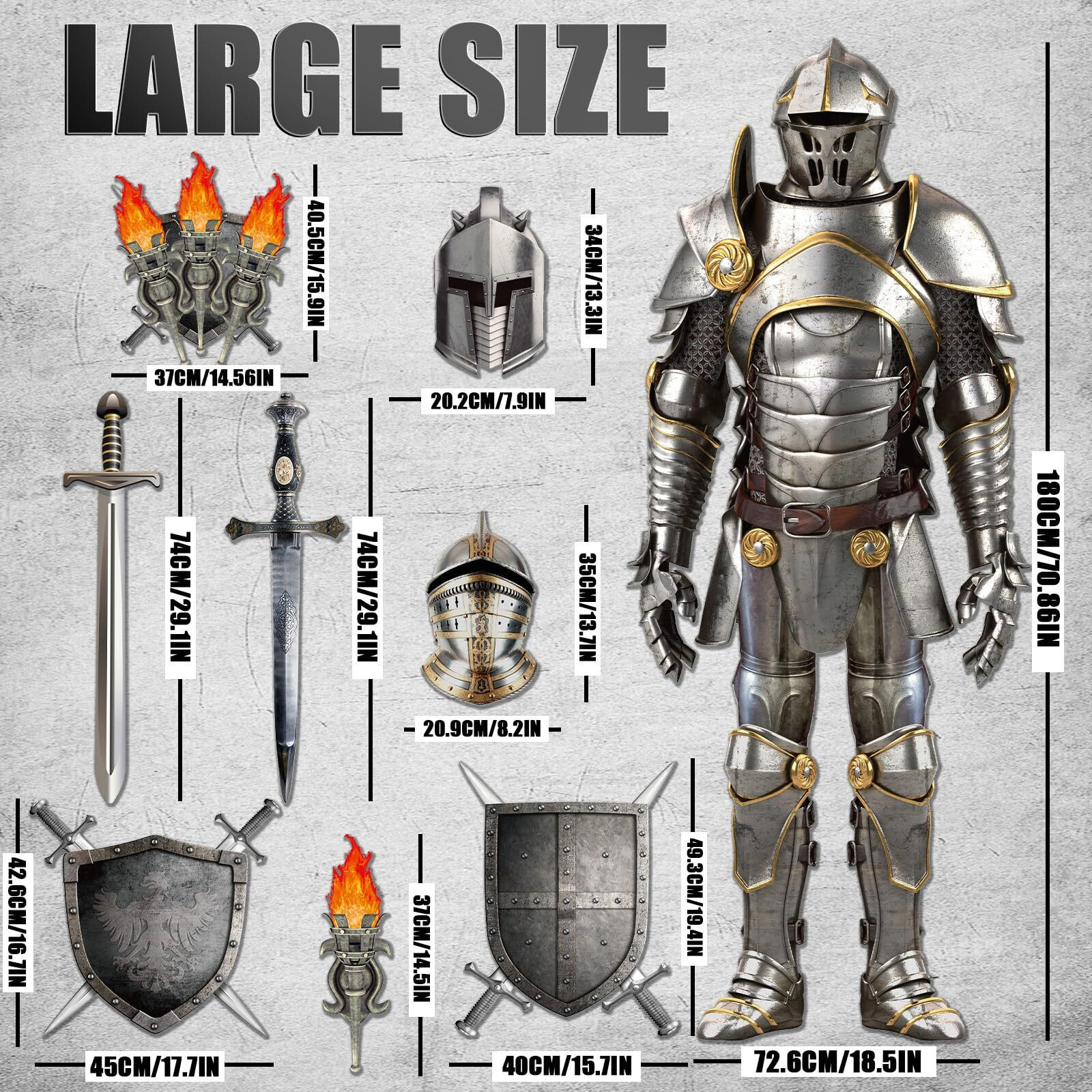15 Pieces Medieval Party Decorations 6 Feet Jointed Suit Of Armor Knight Cut Out Torch Props Medieval Shield Photo Prop For Birthday Halloween Medieval Renaissance Knight Castle Party Wall Decoration