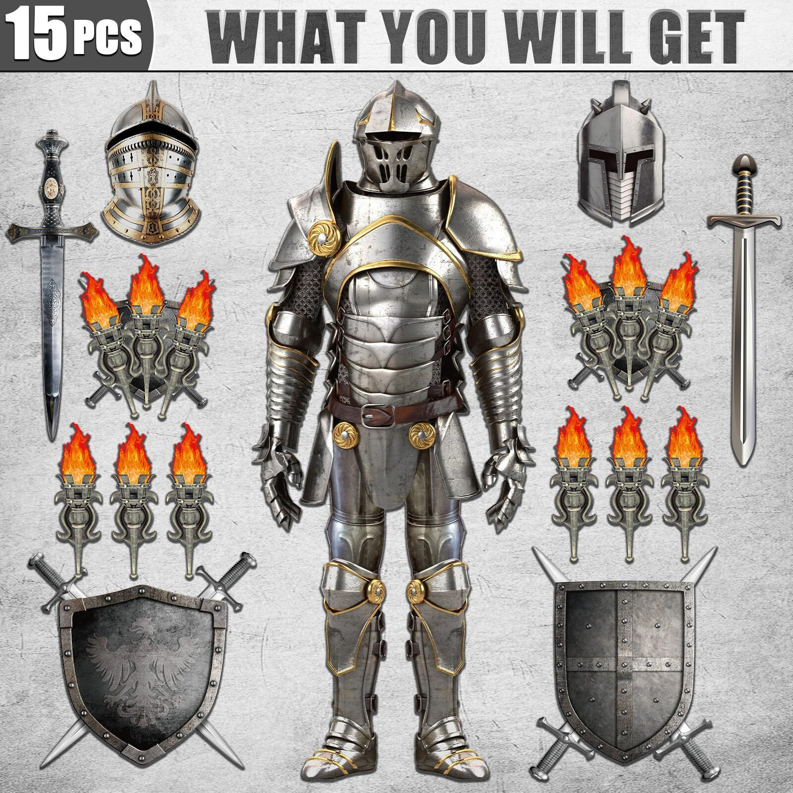 15 Pieces Medieval Party Decorations 6 Feet Jointed Suit Of Armor Knight Cut Out Torch Props Medieval Shield Photo Prop For Birthday Halloween Medieval Renaissance Knight Castle Party Wall Decoration