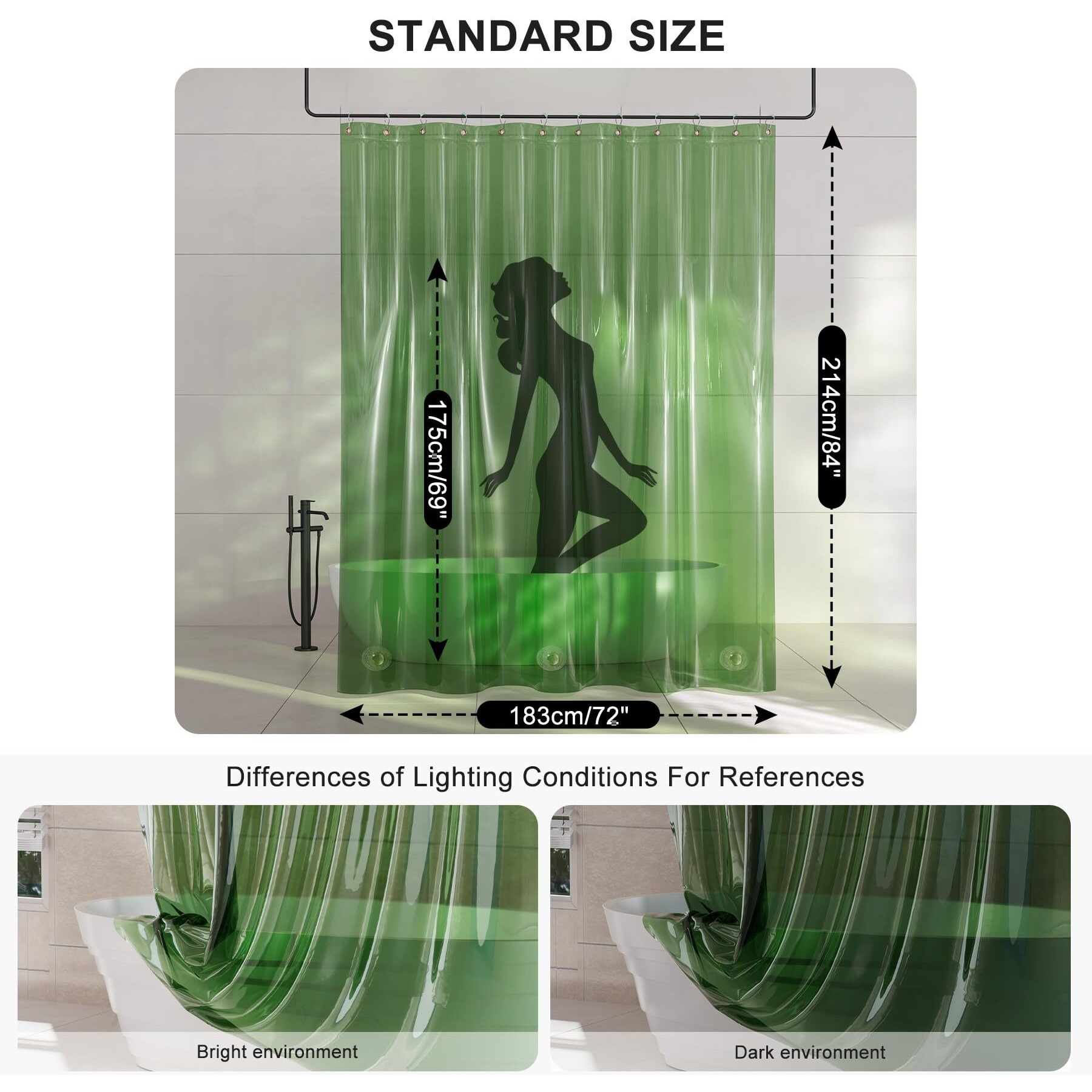 Amazerbath Extra Long Shower Curtain Liner, 100% Eva Clear Green Heavy Duty 84 Inch Shower Curtain And Liner 2-In-1, 72X84 Plastic Weighted Bathroom Shower Liner, 12 Grommets & 3 Heavyweight Stones