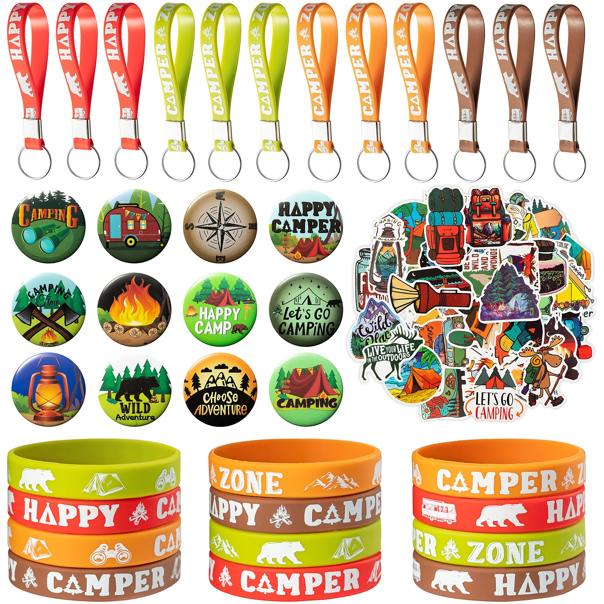 Angolio 84Pcs Spring Camping Party Favors Kit Happy Camper Party Gifts Silicone Bracelets Stickers Keychains Badges For Kids Friends Summer School Camping Adventure Birthday Party