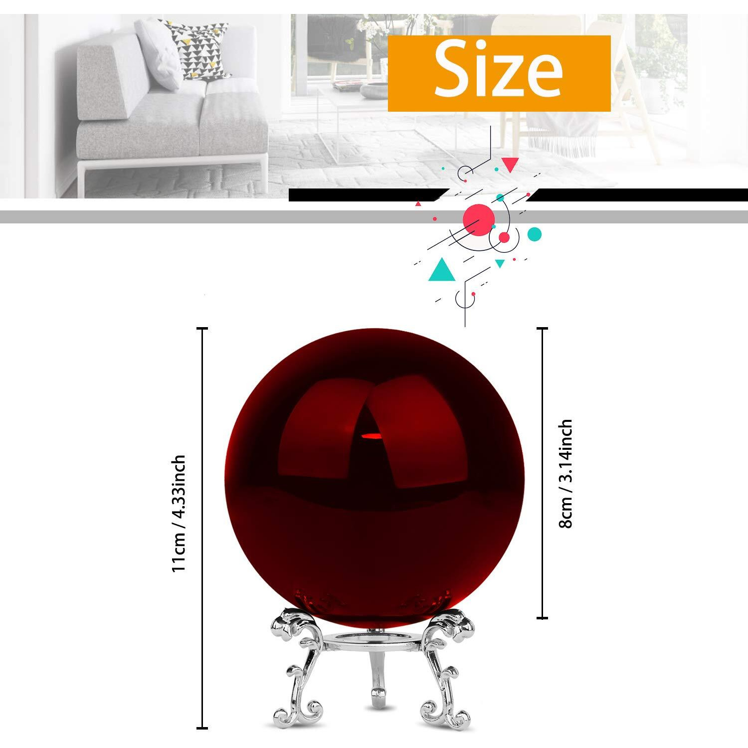 Merrynine 80Mm/3.15" Top K9 Crystal Ball With Stylish Metallic Stand And Microfiber Clean Cloth, Decorative And Photography Accessory (Red)