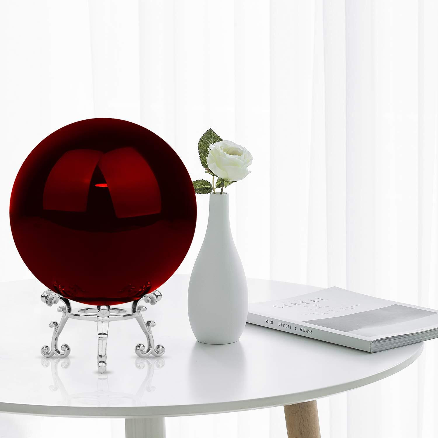 Merrynine 80Mm/3.15" Top K9 Crystal Ball With Stylish Metallic Stand And Microfiber Clean Cloth, Decorative And Photography Accessory (Red)