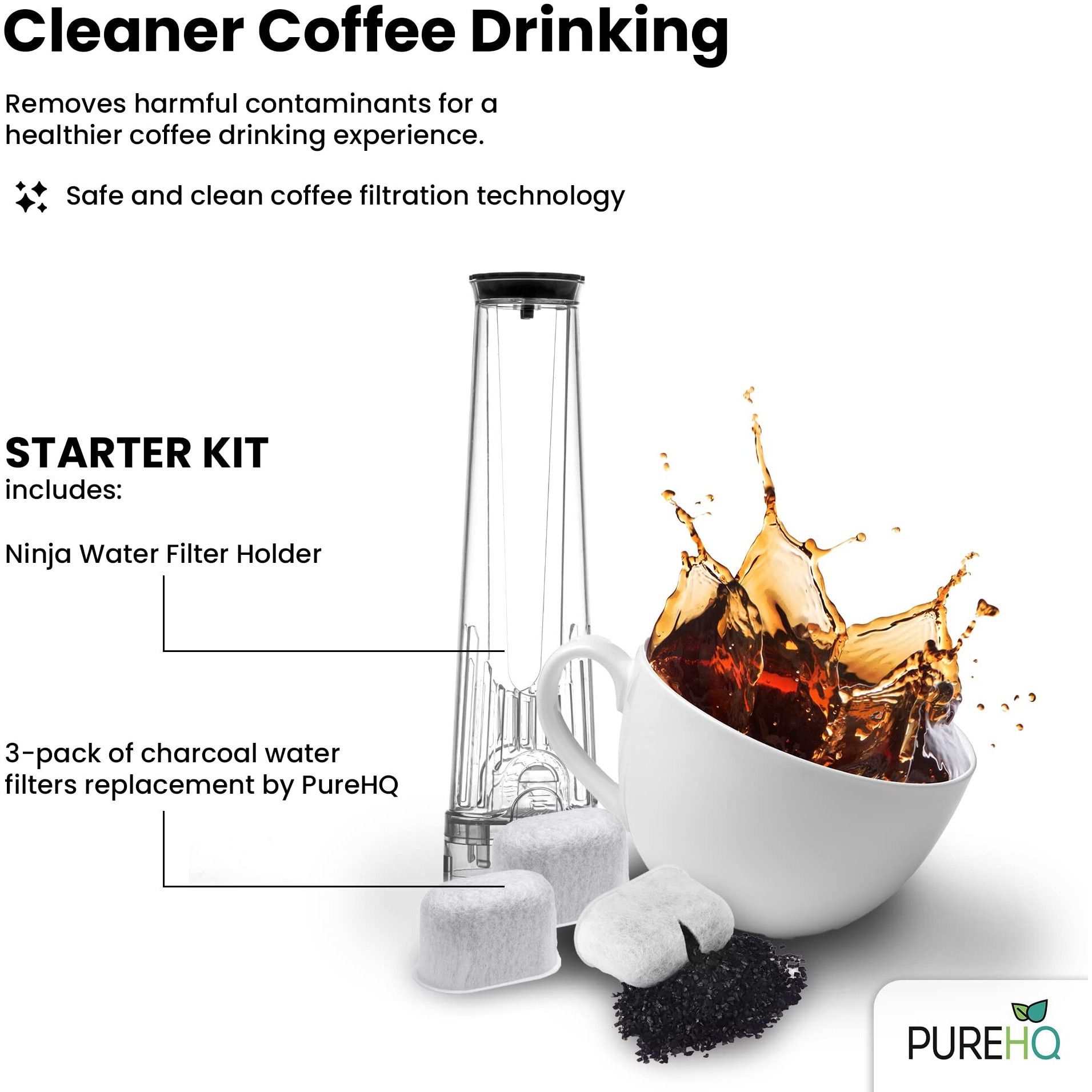 Purehq Ninja Water Filter For Ninja Dual Brew Coffee Maker And Single Serve Pods Grounds Pb051 - Compatible With Dualbrew Pro Cfp301 Cfp307 - Includes Filter Holder, 3 Pack Of Charcoal Water Filters