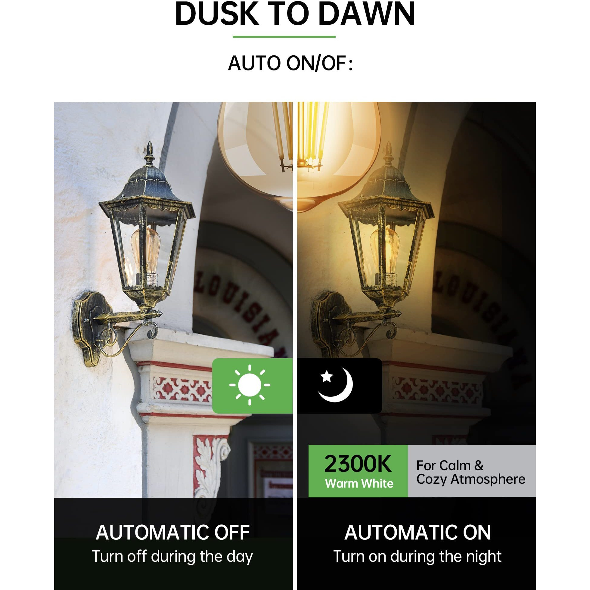 Qualilux Dusk To Dawn Edison Light Bulbs St58(St19), Vintage Amber Glass, Warm Light, 60W Equivalent, Automatic On/Off Light Sensing Led Filament Bulb Outdoor, 6.5W 700Lm, E26, 2-Pack, Hq-H027