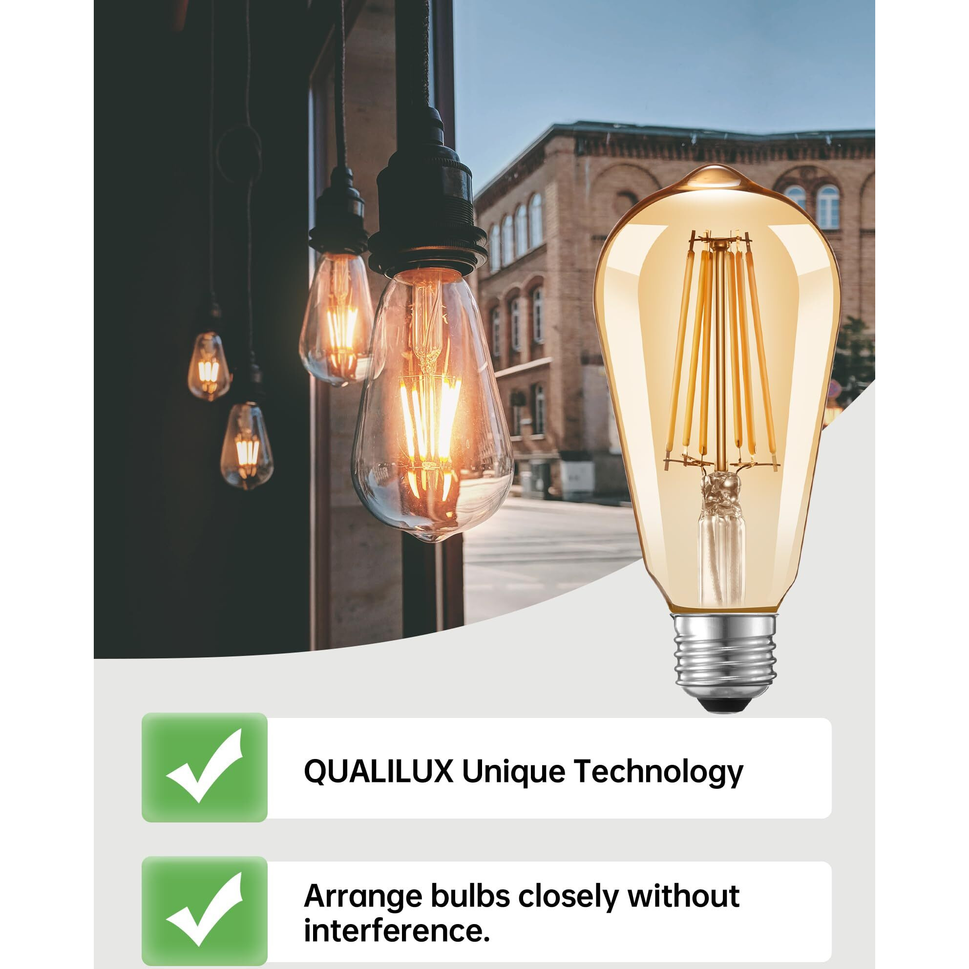 Qualilux Dusk To Dawn Edison Light Bulbs St58(St19), Vintage Amber Glass, Warm Light, 60W Equivalent, Automatic On/Off Light Sensing Led Filament Bulb Outdoor, 6.5W 700Lm, E26, 2-Pack, Hq-H027
