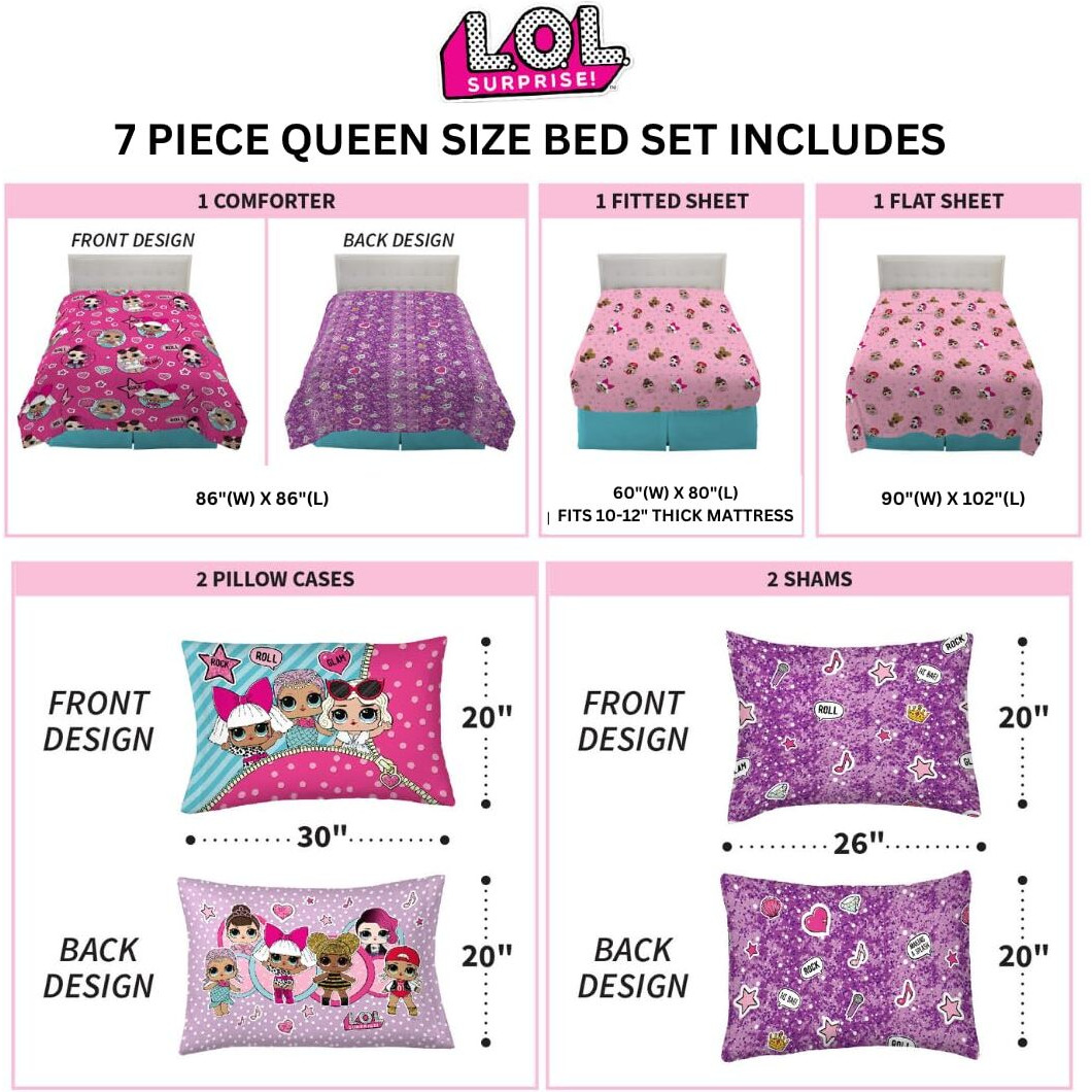 Franco Lol Surprise Bedding Super Soft Comforter And Sheet Set With Sham, 7 Piece Queen Size, (Official Licensed Product)