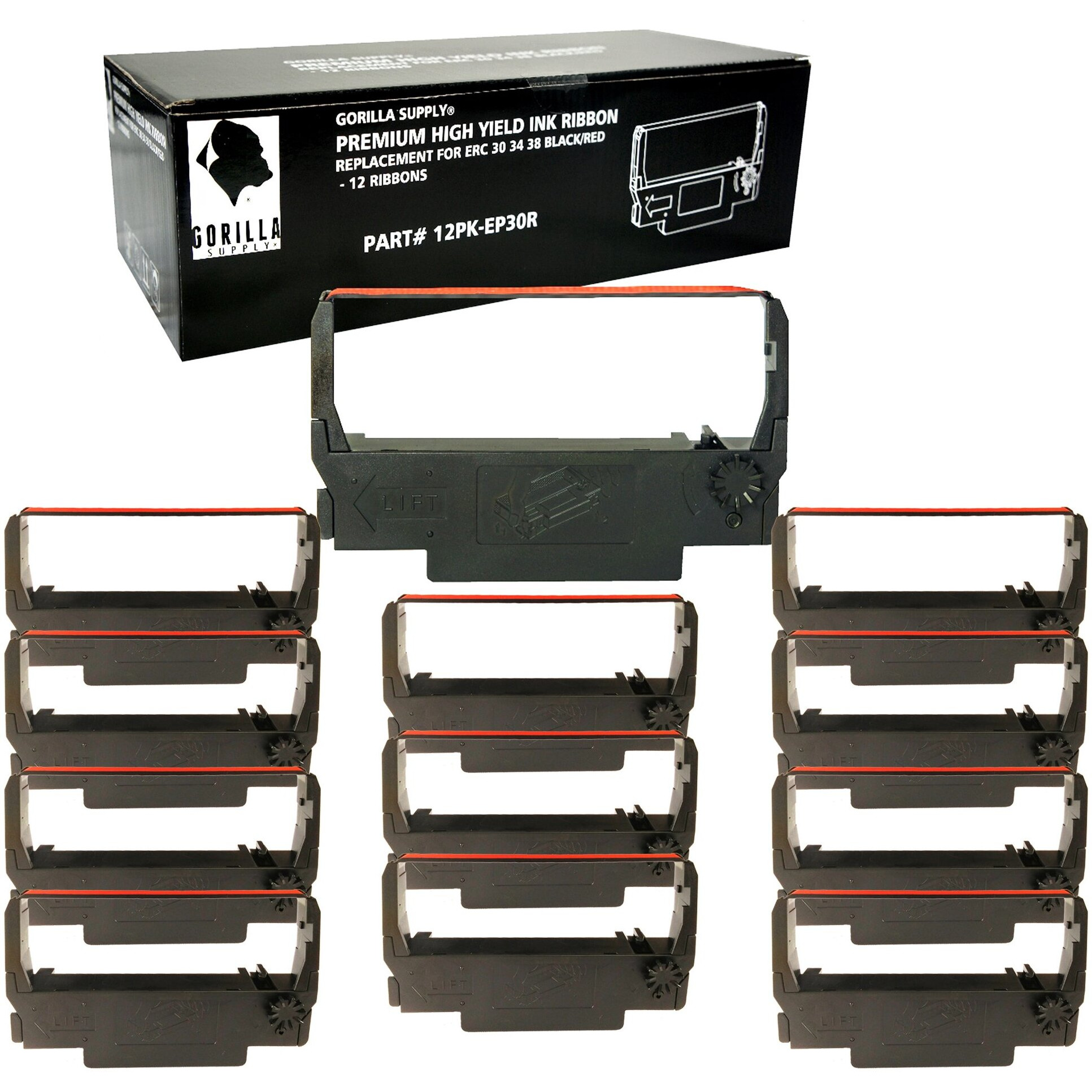 Gorilla Supply Compatible Ink Ribbon Replacement For Erc 30 34 38 B/R Erc38 Nk506, Compatible For Pos Receipt Printers, Sealed Individual Pack, 12-Packs (Black/Red)