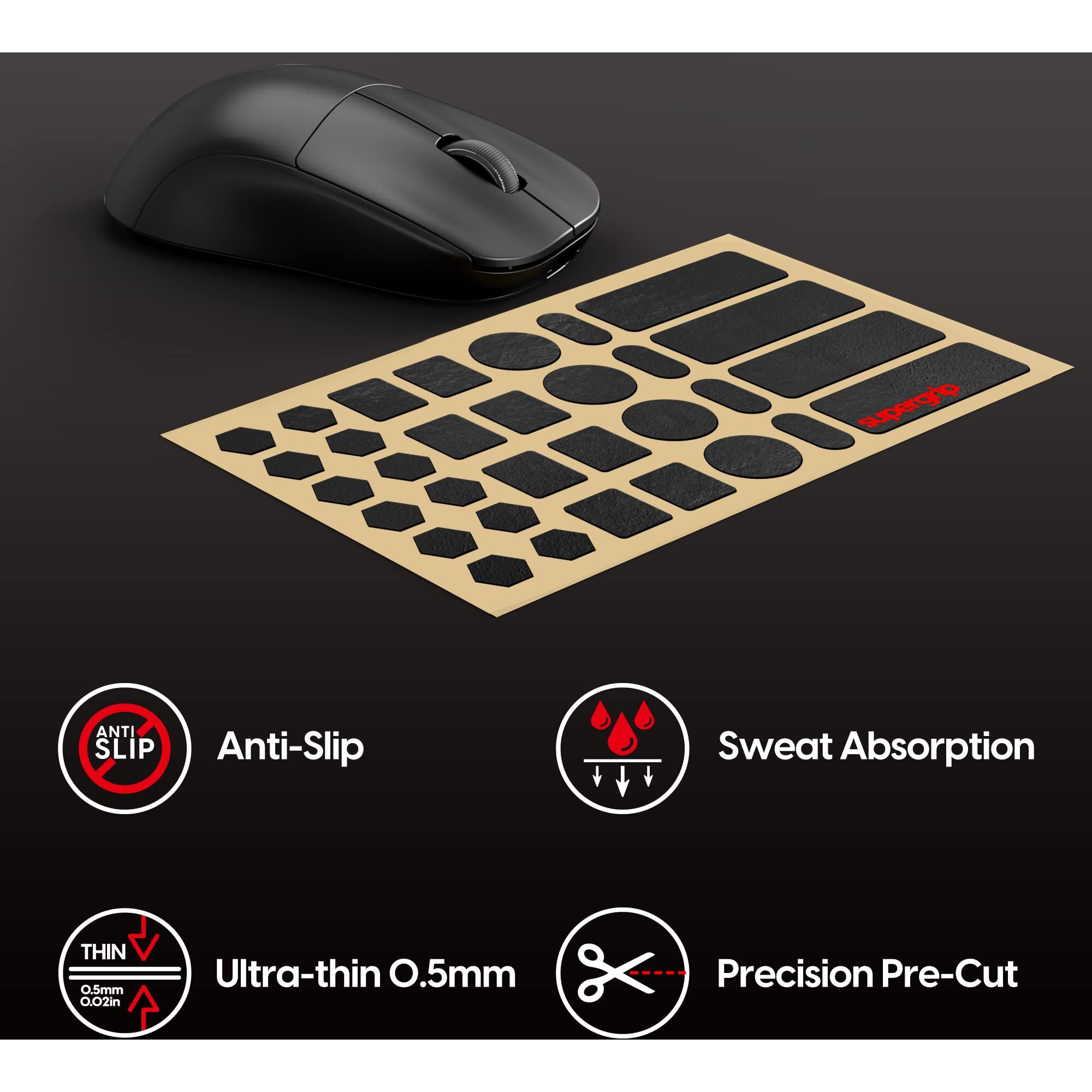 Pulsar Gaming Gears Supergrip Pre-Cut 1 Universal Griptape Pre-Laminated Sweat Absorbing High Performance Universal Anti Slip Mouse Grip Tape Ultra-Thin 0.5Mm (0.02In)