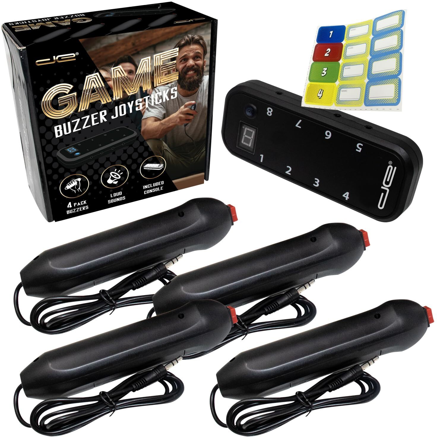 Digital Energy Handheld Buzzer Game System - Console Displays First Buzz-In - Great For Jeopardy, Family Feud, Trivia And Buzzer Games - Console With 4 Joystick Buzzers