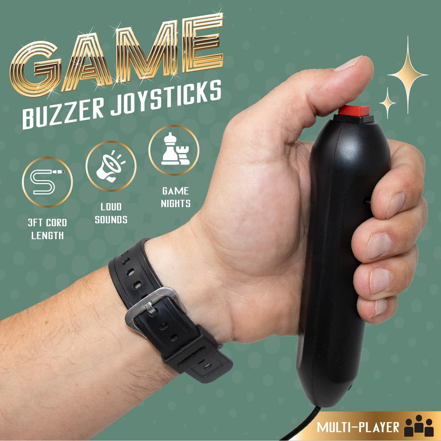 Digital Energy Handheld Buzzer Game System - Console Displays First Buzz-In - Great For Jeopardy, Family Feud, Trivia And Buzzer Games - Console With 4 Joystick Buzzers