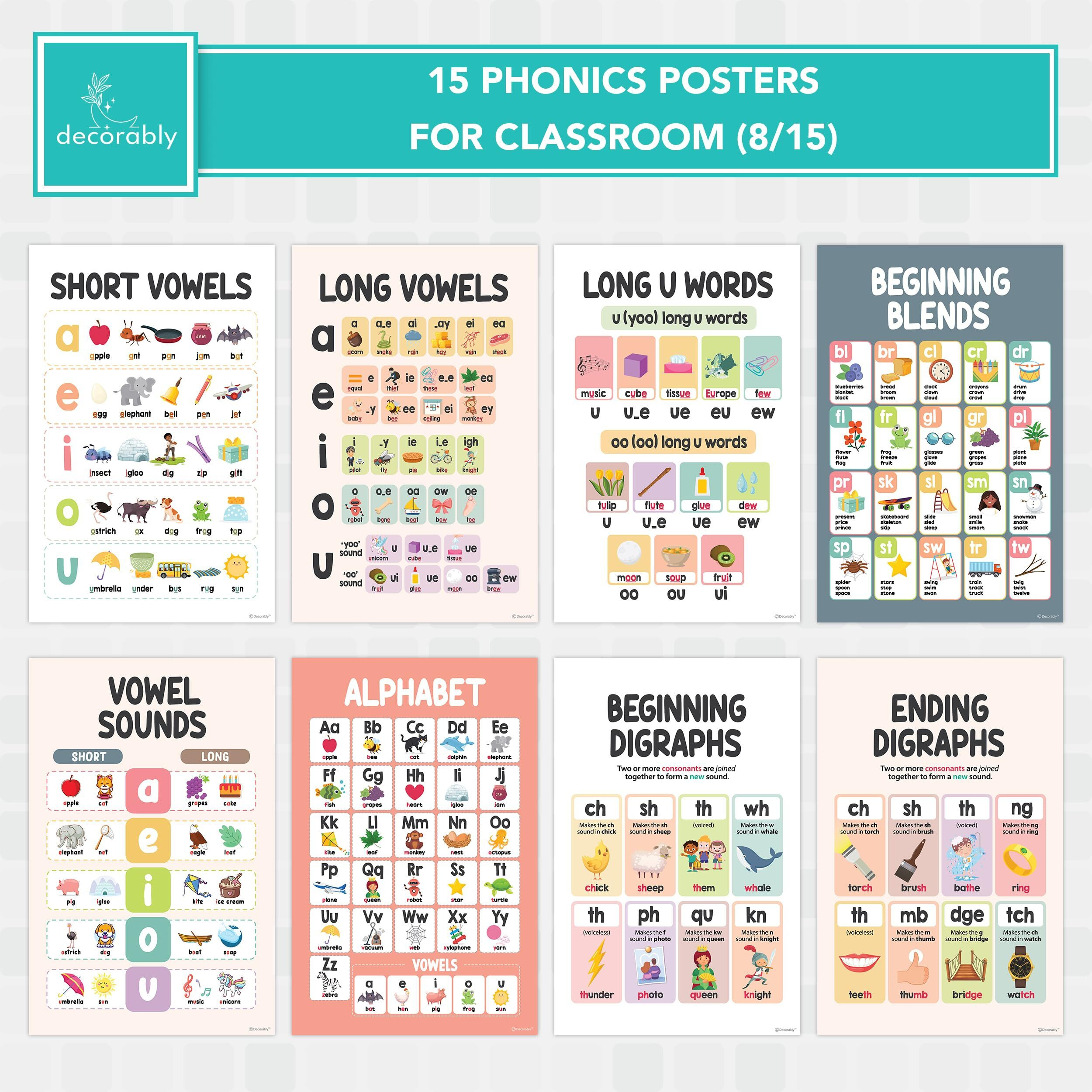 15 Phonics Posters For Classroom Elementary - 11X17In Sound Wall Classroom Phonics Poster, Vowel Posters For Classroom, Vowel Sounds Poster, Esl Classroom Decorations, Esl Classroom Decor