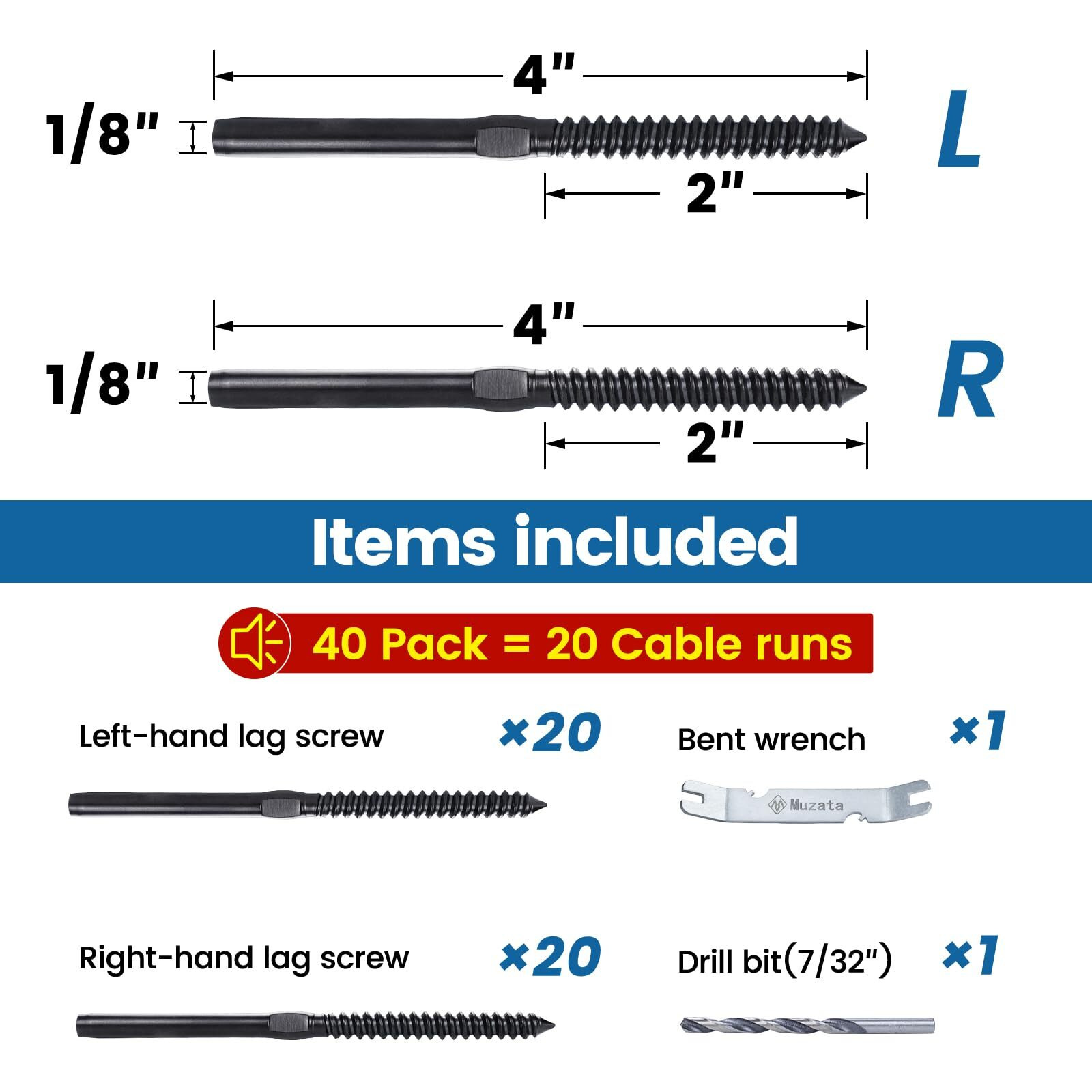 Muzata 40Pack 1/8" Black Swage Lag Screws Left & Right Cable Railing Hardware Kit Handed Thread For Wood Post T316 Stainless Steel Stair Deck Woodbudget System 20 Cable Runs Ck17