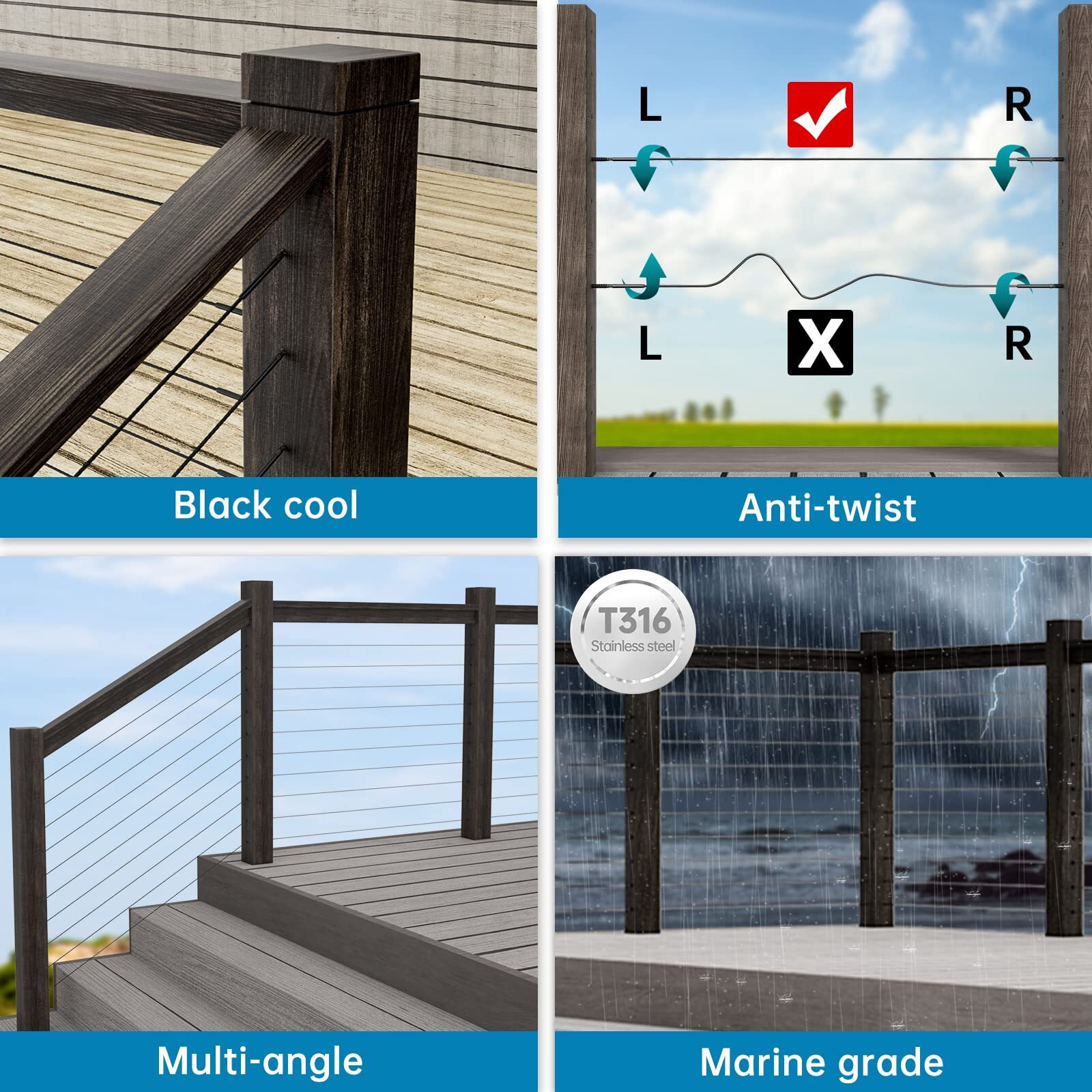 Muzata 40Pack 1/8" Black Swage Lag Screws Left & Right Cable Railing Hardware Kit Handed Thread For Wood Post T316 Stainless Steel Stair Deck Woodbudget System 20 Cable Runs Ck17