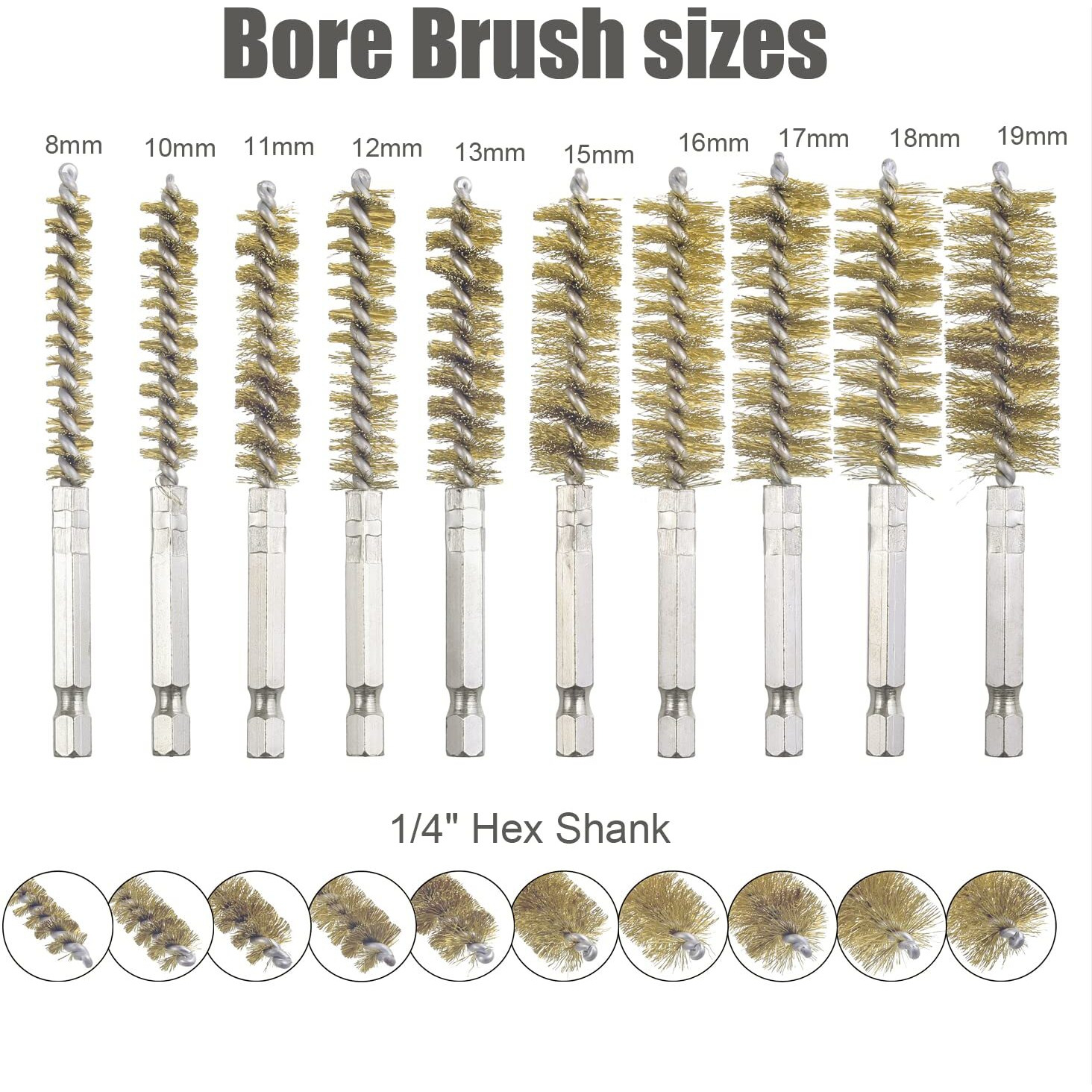 Wenora 10 Pack Bore Brush For Drill, Brass Bore Brush Drill, Stainless Steel Bore Cleaning Brush Set 1/4 Inch Hex Shank For Power Drill Impact Driver