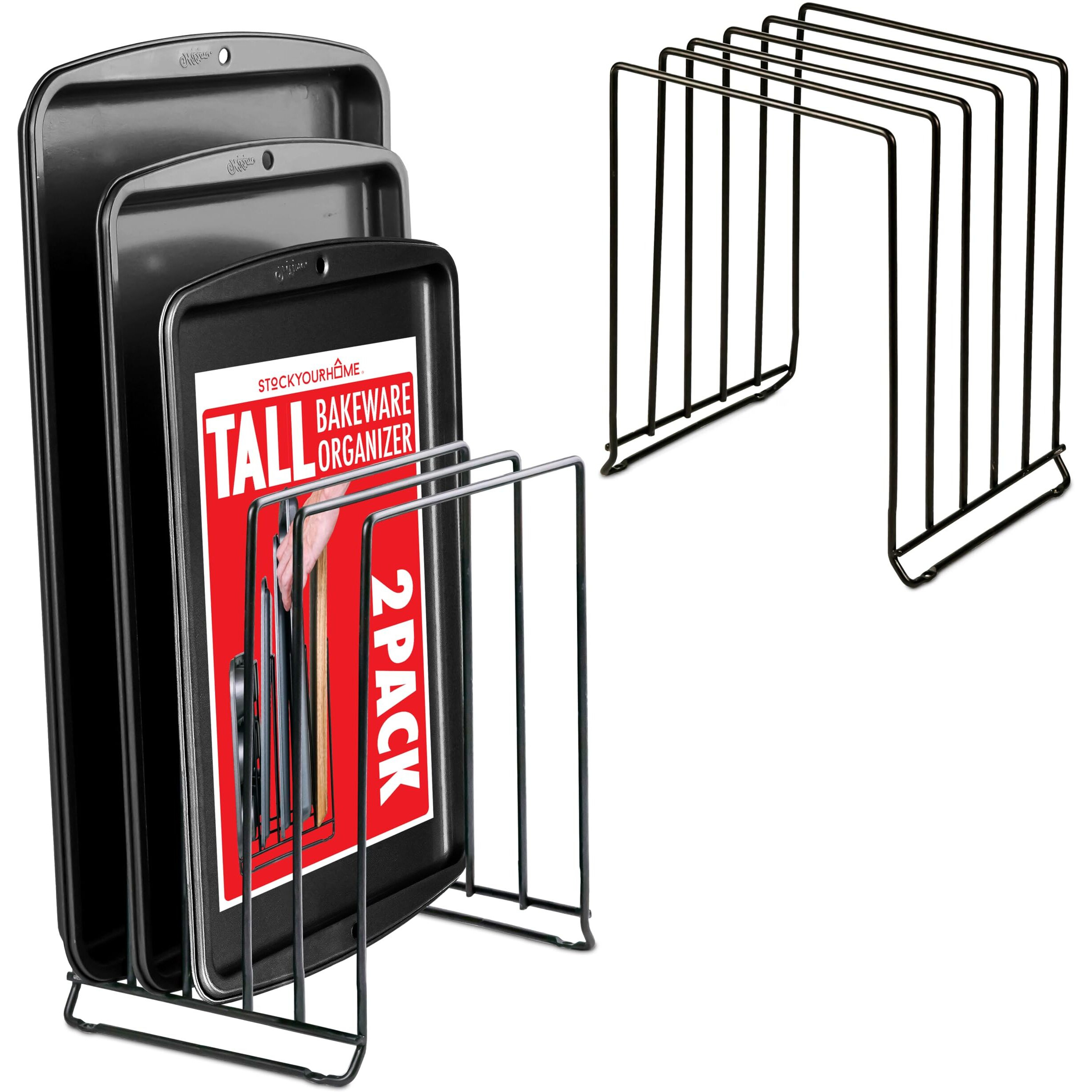 Stock Your Home Black (2 Pack) Extra Tall Steel Baking Pan Organizer Rack For Cabinet Storage Or Kitchen Counter, Cookie Baking Sheet Organizer With Dividers, Muffin Tin And Cutting Board Holder