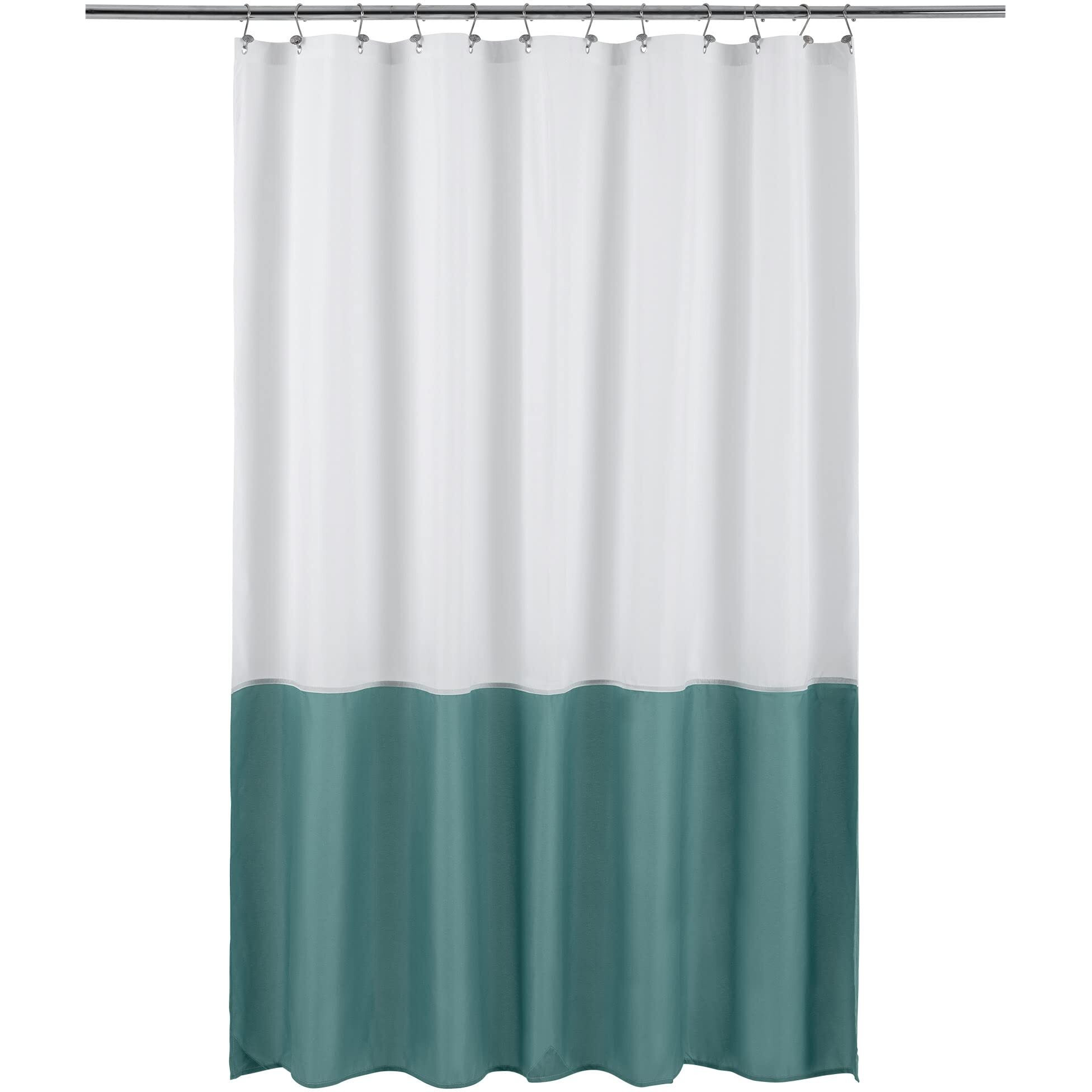 Alyvia Spring Waterproof Fabric Shower Curtain Liner - Soft & Light-Weight Cloth Shower Liner, 3 Bottom Magnets, Hotel Quality & Machine Washable - Standard Size 72X72, White And Teal