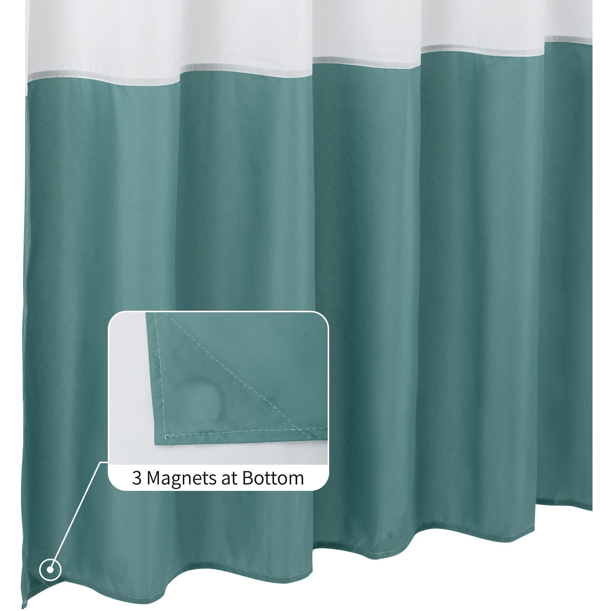 Alyvia Spring Waterproof Fabric Shower Curtain Liner - Soft & Light-Weight Cloth Shower Liner, 3 Bottom Magnets, Hotel Quality & Machine Washable - Standard Size 72X72, White And Teal
