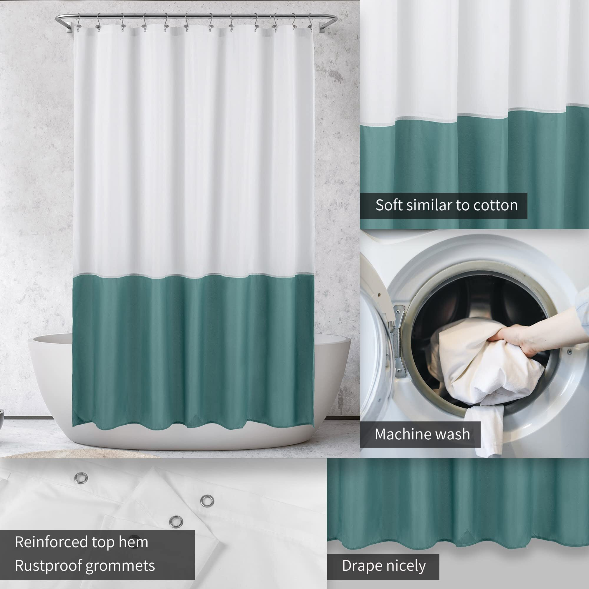 Alyvia Spring Waterproof Fabric Shower Curtain Liner - Soft & Light-Weight Cloth Shower Liner, 3 Bottom Magnets, Hotel Quality & Machine Washable - Standard Size 72X72, White And Teal