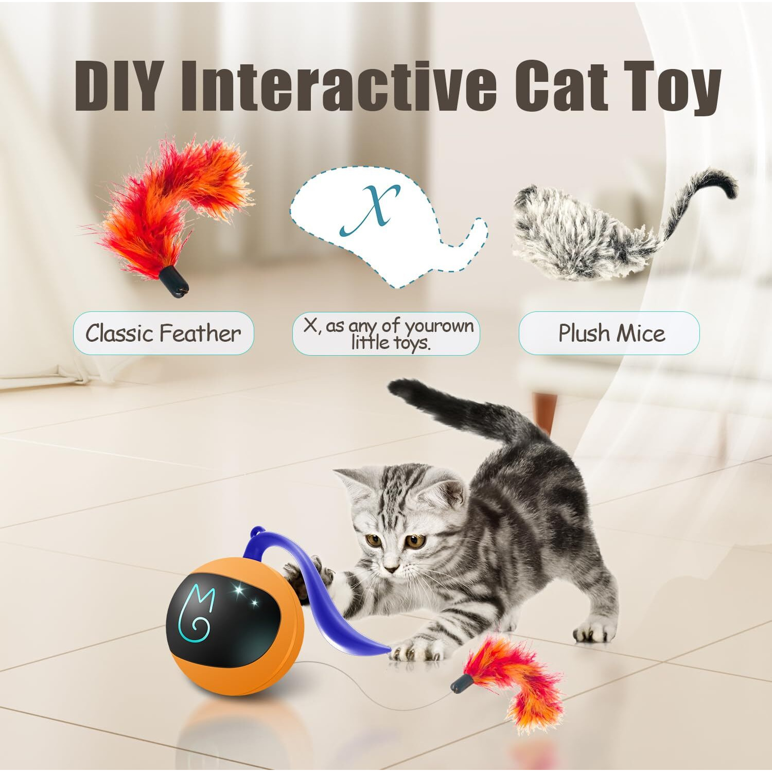 Migipaws Interactive Cat Ball Toy Set, Fun Tracker, Automatic Rolling Chase Ball With Fluffy Tail, A Small Mice, Rechargeable (Orange)