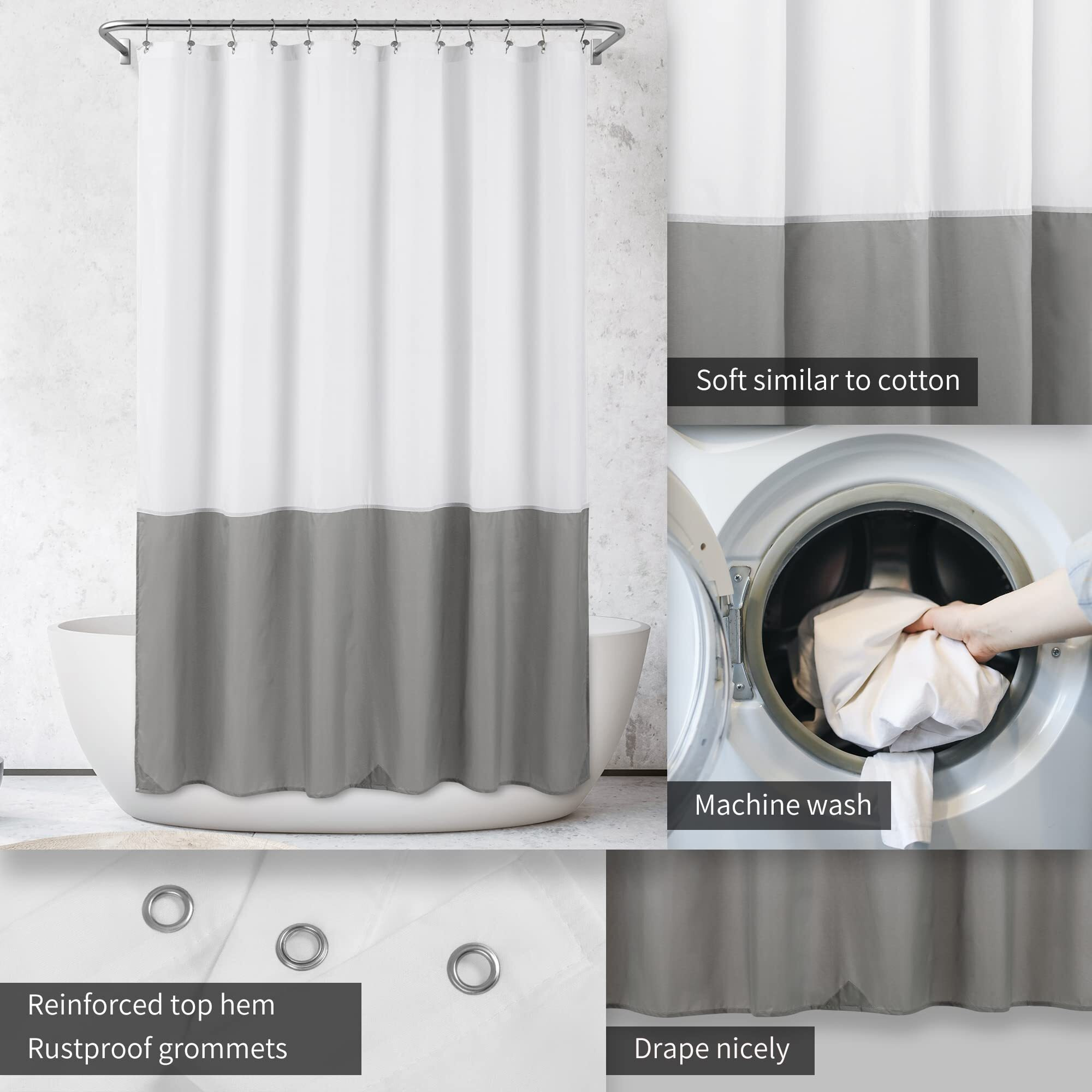 Alyvia Spring Waterproof Fabric Shower Curtain Liner - Soft & Light-Weight Cloth Shower Liner, 3 Bottom Magnets, Hotel Quality & Machine Washable - Standard Size 72X72, White And Grey