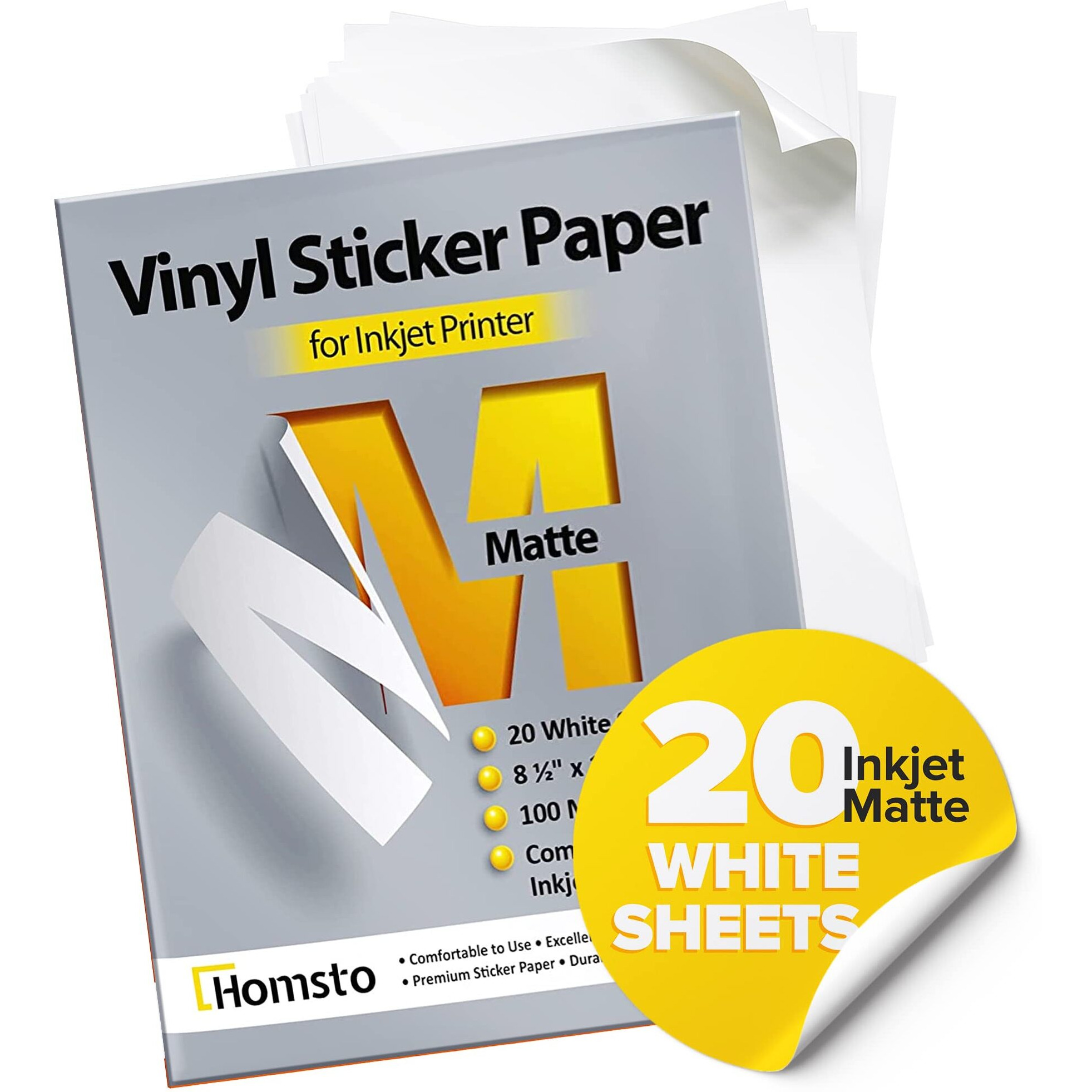 Homsto Vinyl Sticker Paper, Matte Printable Vinyl Sticker Paper For Inkjet Printer, Quick-Drying, Water And Scratch-Resistant, Self-Adhesive For Most Surfaces, 8.5 X 11 Inches, 20 Sheets