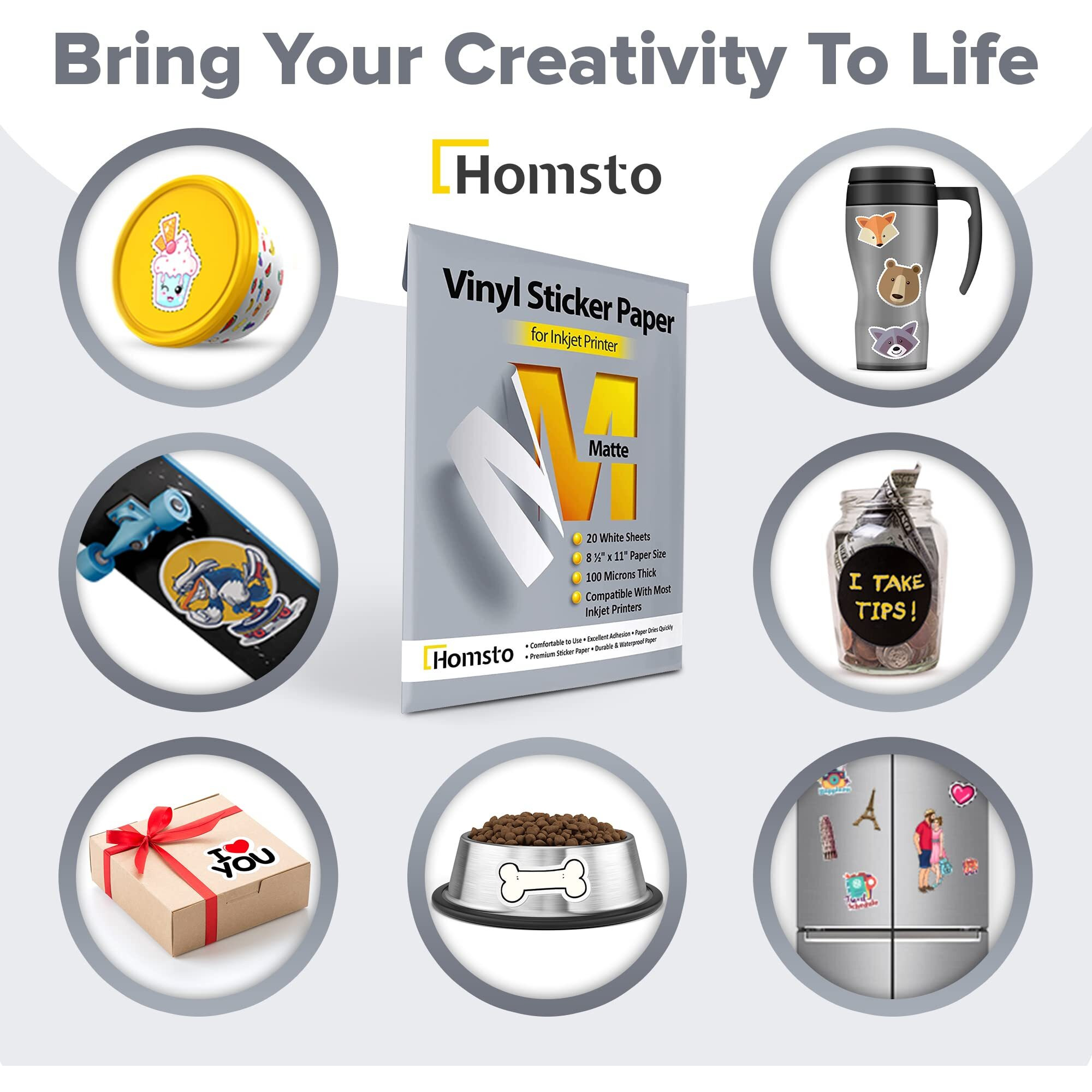 Homsto Vinyl Sticker Paper, Matte Printable Vinyl Sticker Paper For Inkjet Printer, Quick-Drying, Water And Scratch-Resistant, Self-Adhesive For Most Surfaces, 8.5 X 11 Inches, 20 Sheets