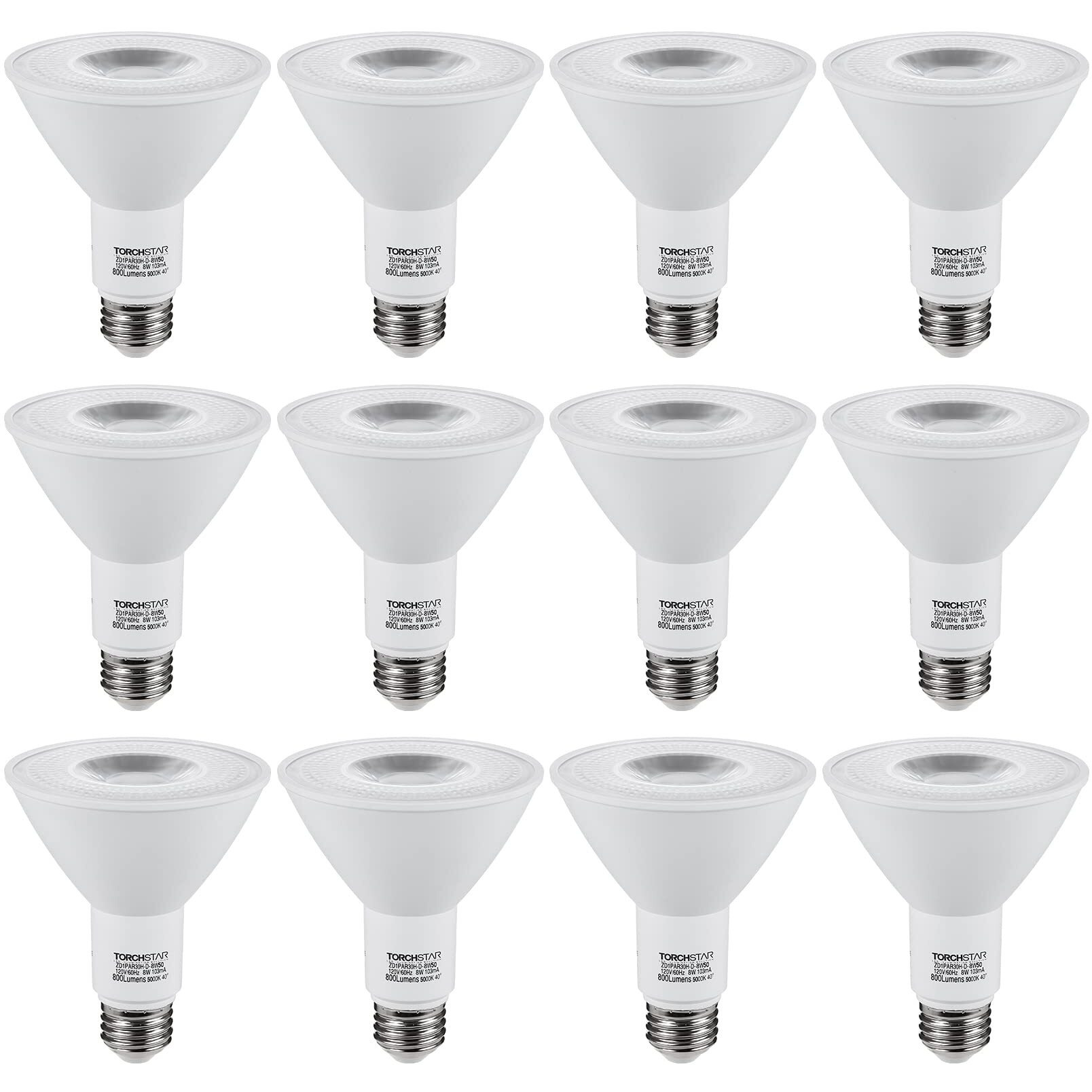 Torchstar 12-Pack Par30 Led Bulb Cri90+, Dimmable Spotlight Bulbs, 8W75W, 5000K Daylight, Ul & Energy Star Listed, 800Lm, For Recessed Trim Lighting, Track Light