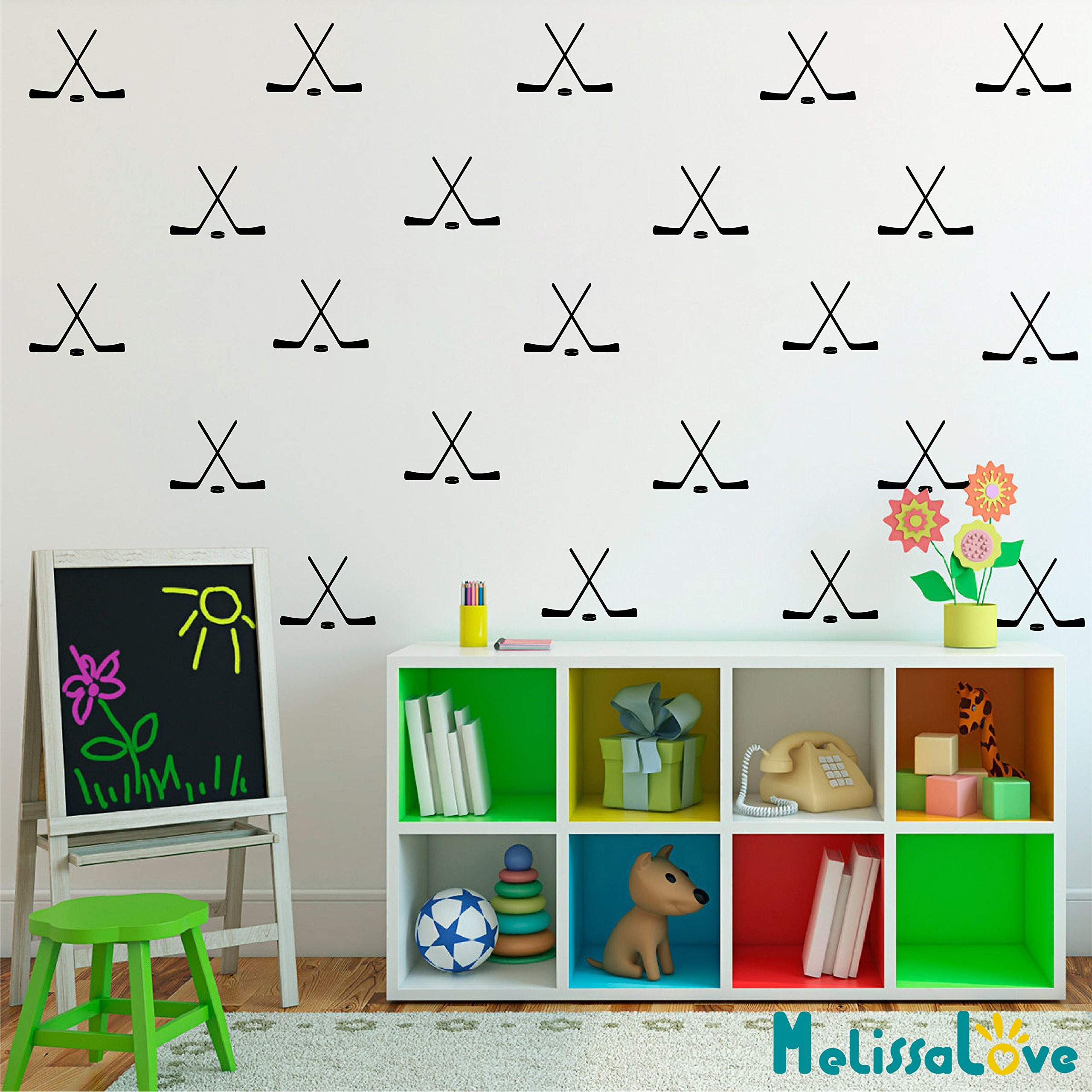 36Pcs/Set Hockey Cross Sticks Pattern Vinyl Wall Decal For Kids Room Boy Bedroom Sticker Baby Nursery Wall Art Mural Ya198 (Black)