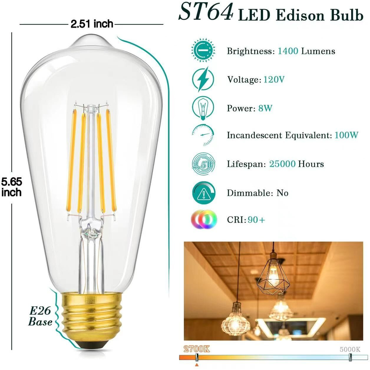 4-Pack Vintage 8W St64 Led Edison Bulbs Light 100W Equivalent, 1400Lm E26 Light Bulbs, 2700K Warm White, Antique Filament Led Bulbs, Cri 90+, Clear Glass, Great Bulbs For Home, Bedroom, Non-Dimmable