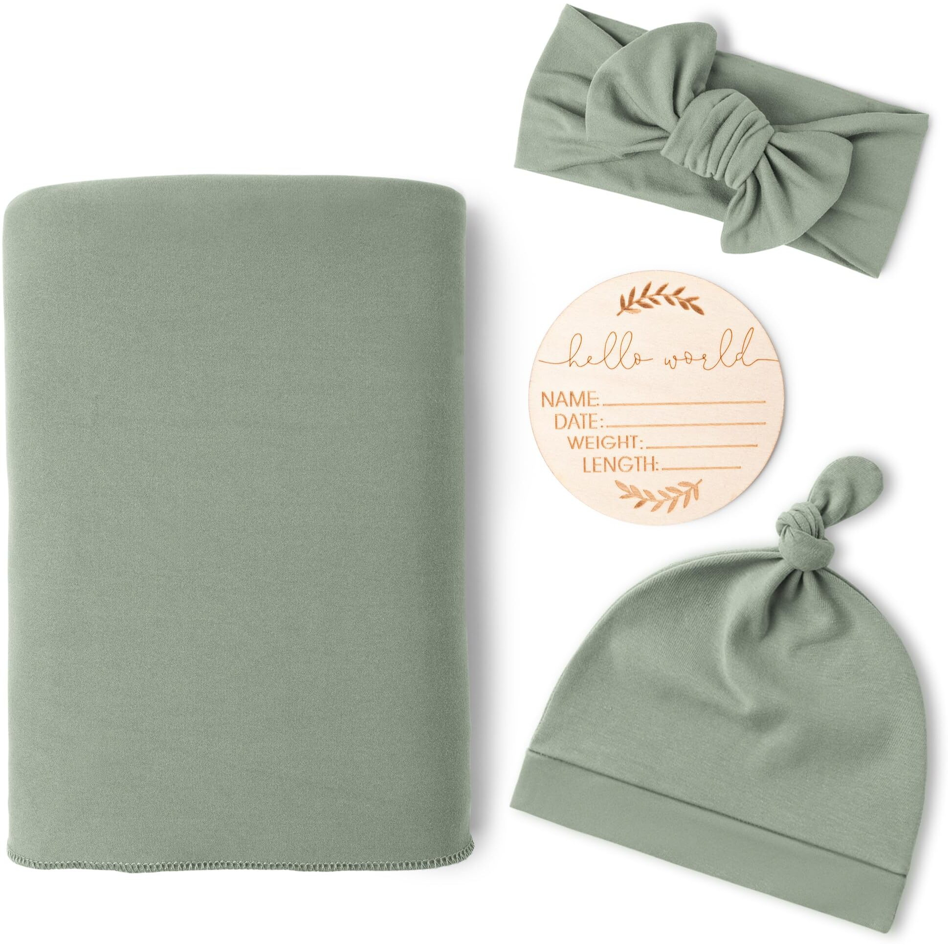 Konssy Baby Girl Newborn Receiving Blanket With Matching Headband And Beanie Set Baby Swaddle Nursery Swaddle Wrap(Light Green)