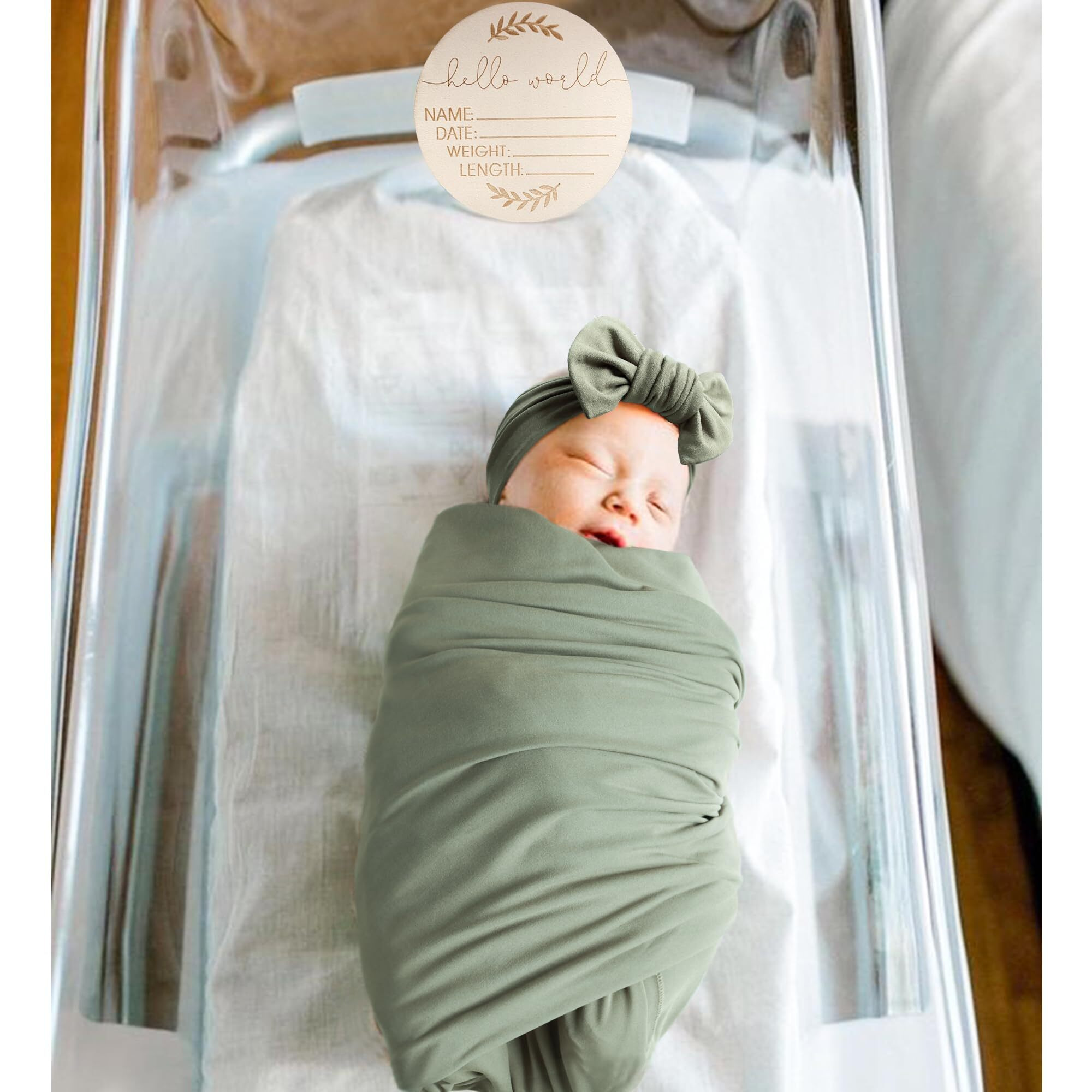 Konssy Baby Girl Newborn Receiving Blanket With Matching Headband And Beanie Set Baby Swaddle Nursery Swaddle Wrap(Light Green)