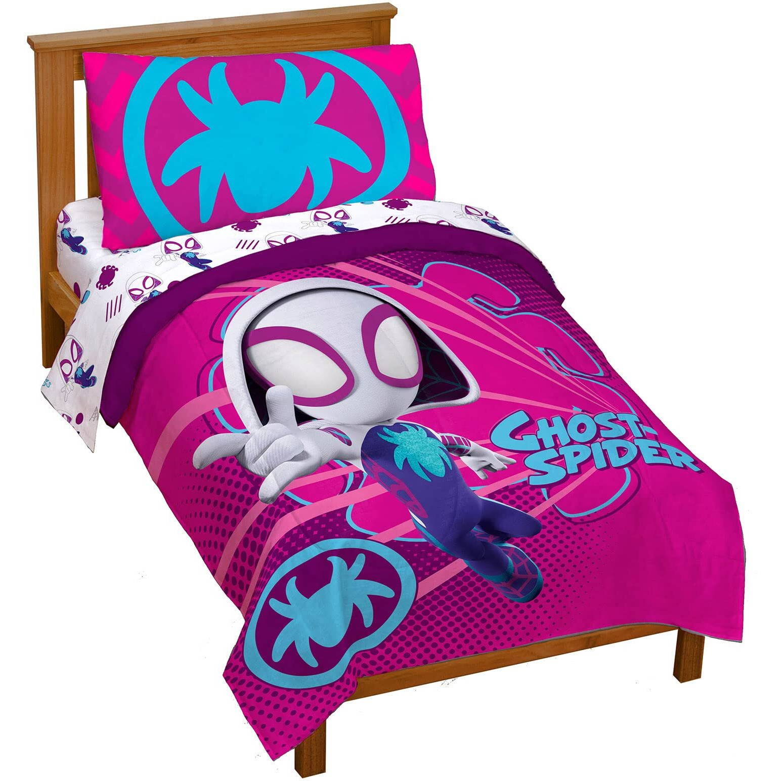 Marvel Spidey & His Amazing Friends Ghost Spider Gwen 4 Piece Toddler Bed Set - Bedding Includes Comforter & Sheet Set - Super Soft Fade Resistant Microfiber